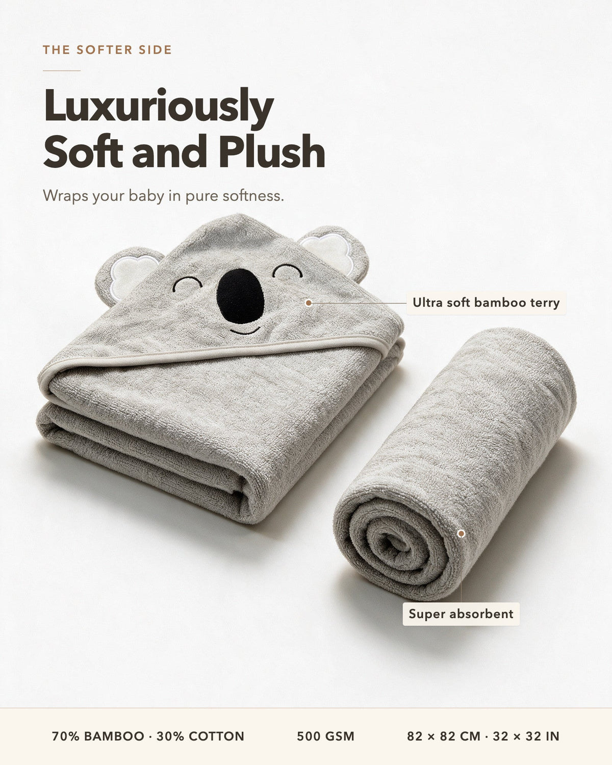 Luxuriously soft and plush – the Sleepy Koala towel folded and rolled