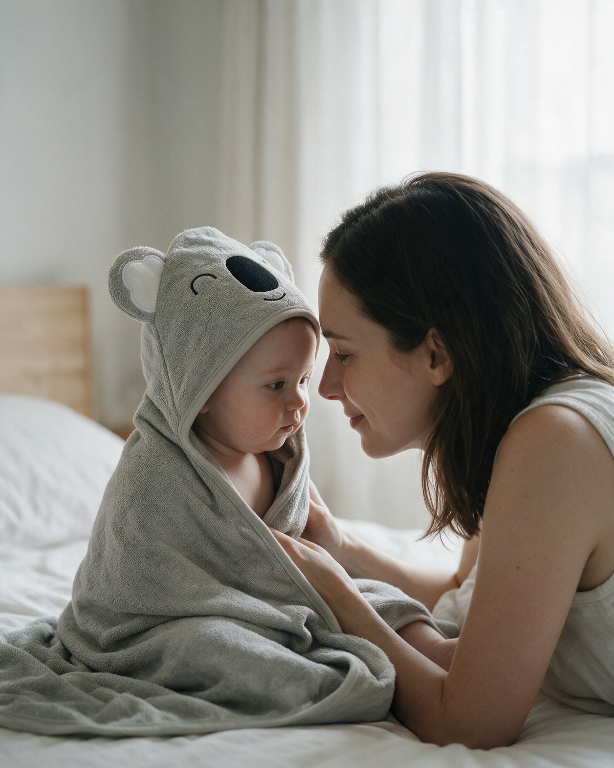 Mother and child nose to nose on the bed, the child wrapped in the Sleepy Koala towel