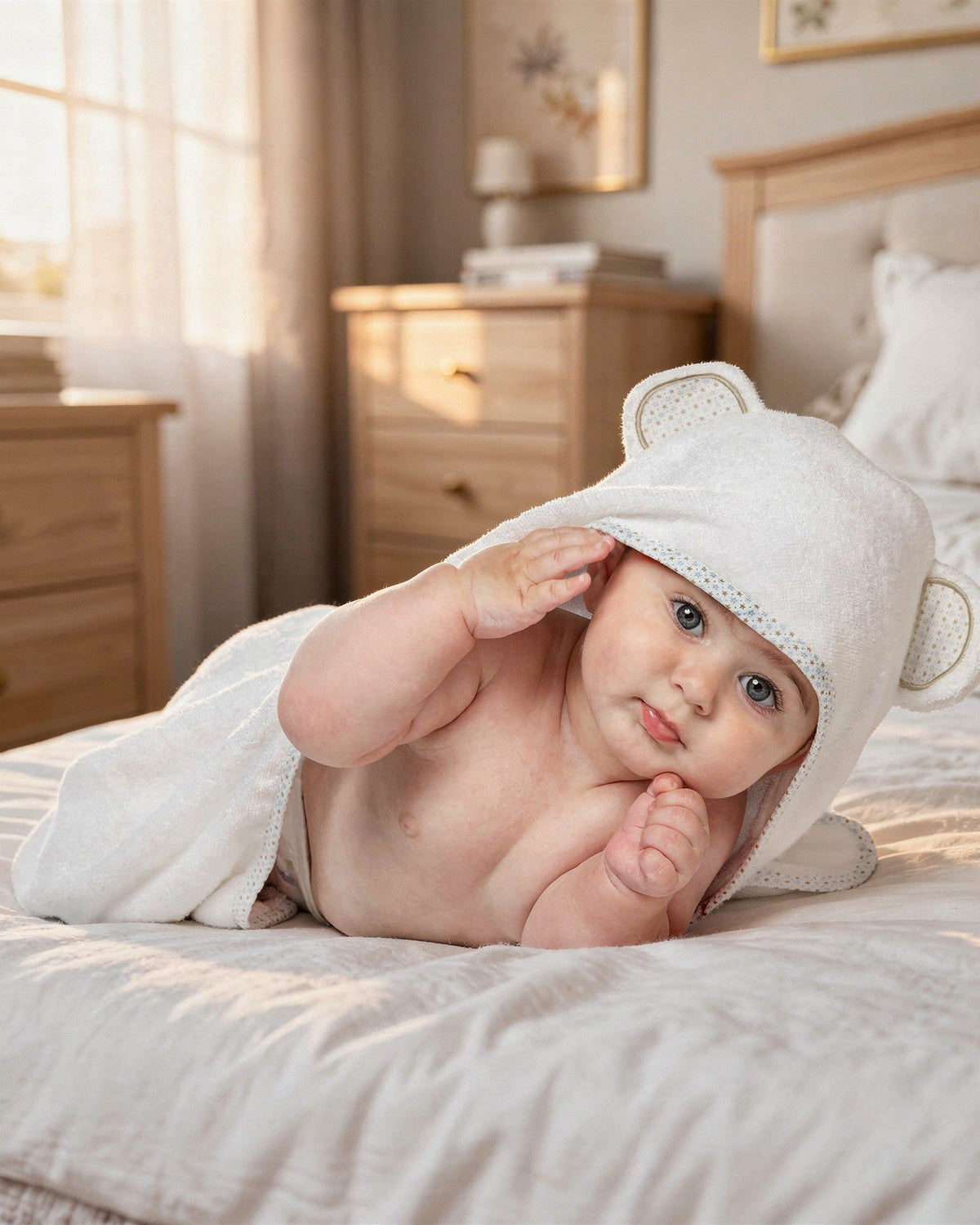 Baby lying on a bed in the Starry Bear hooded towel