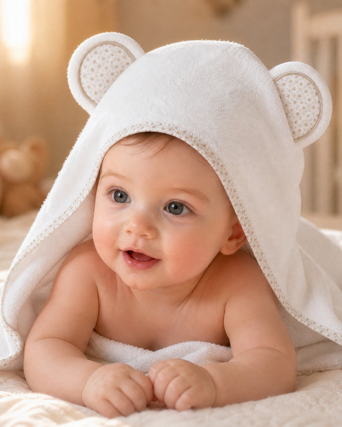 Baby lying on a bed in the Starry Bear towel at golden hour