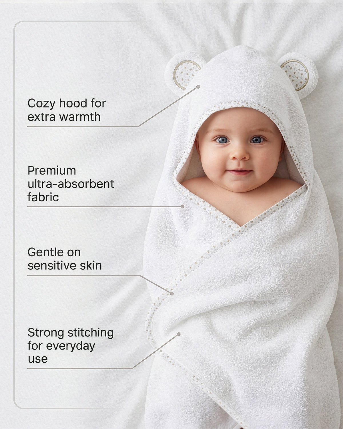 Starry Bear towel details – cozy hood, soft fabric and strong stitching
