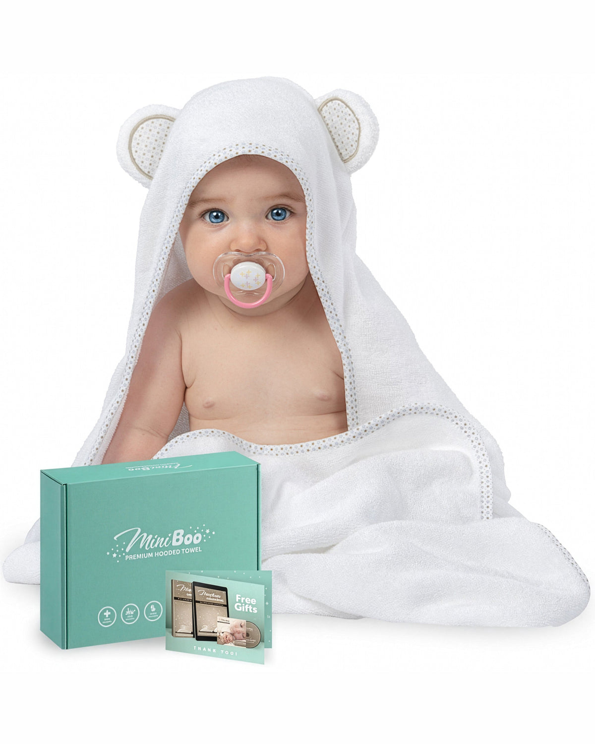 Baby in the Starry Bear hooded towel with the gift box, on white