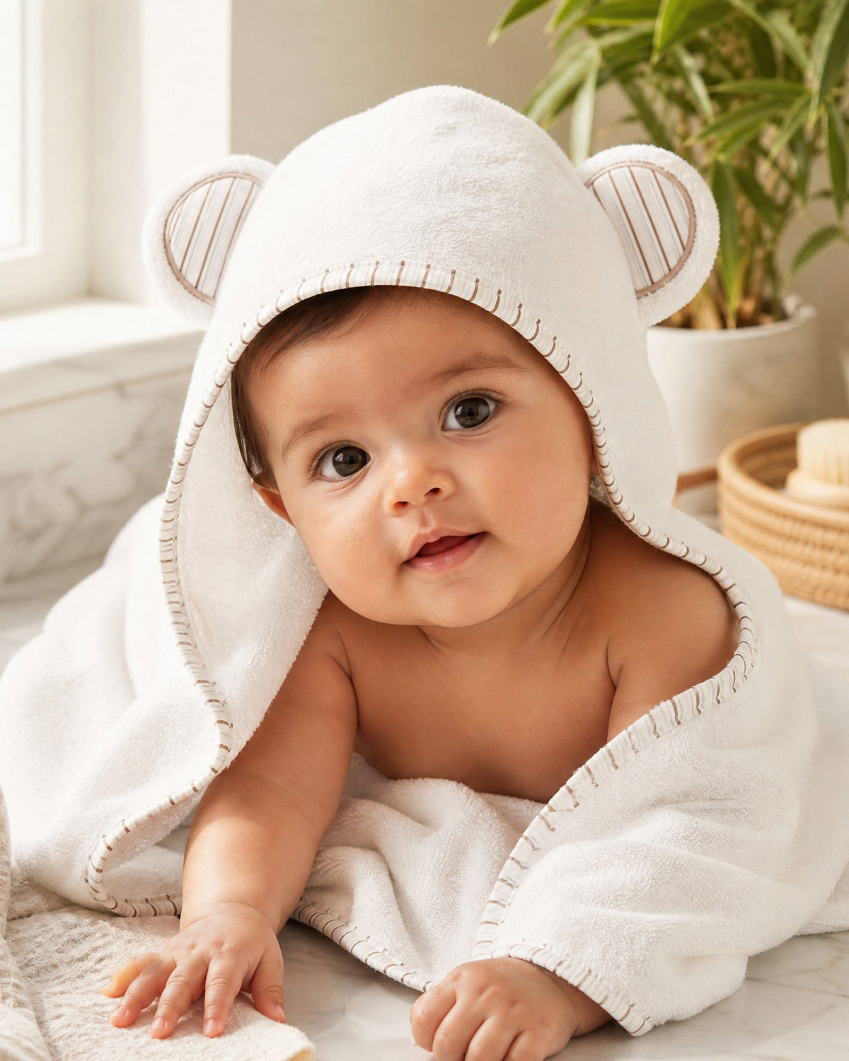 Baby crawling in the Striped Cub hooded towel