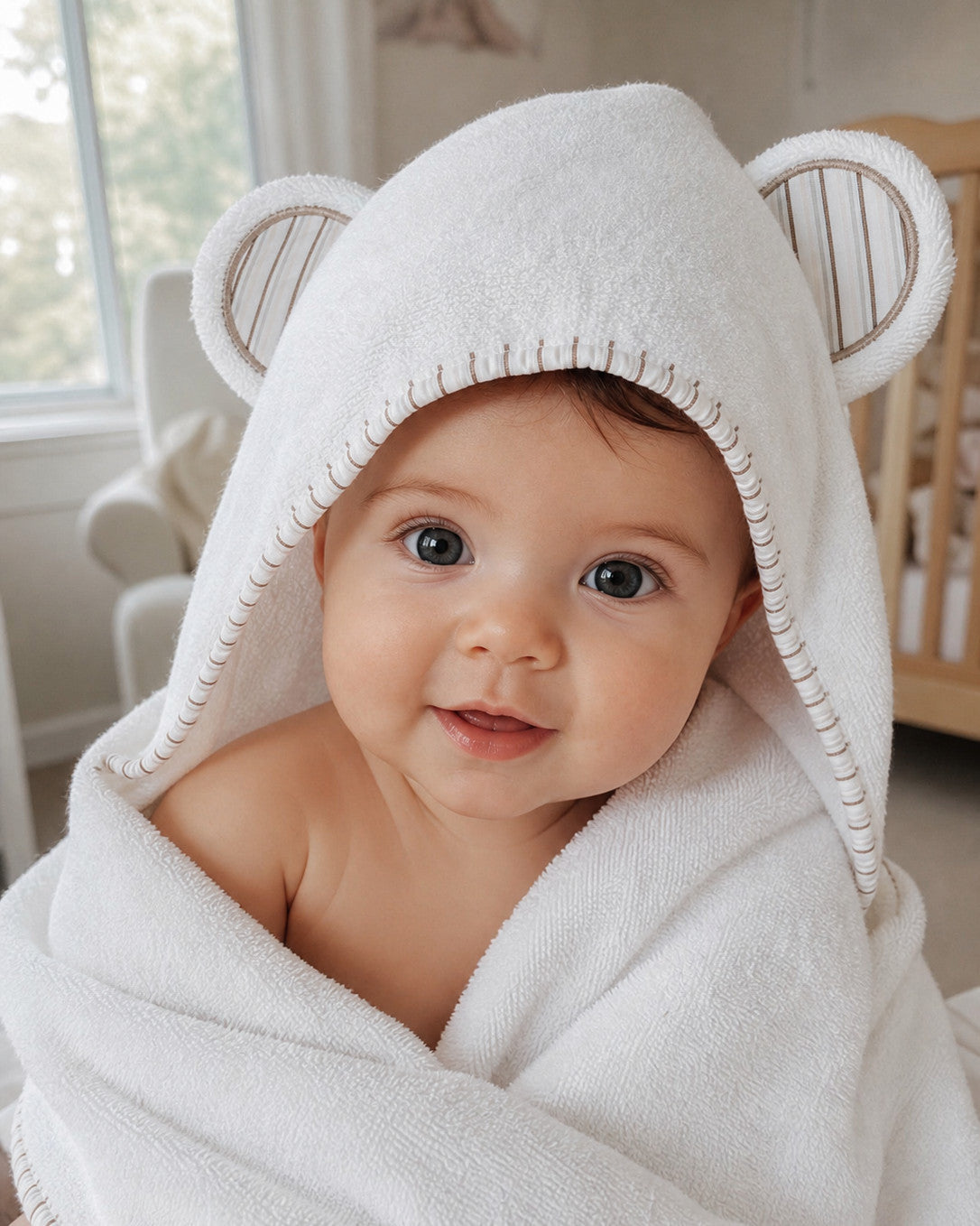 Baby in the white Striped Cub hooded towel in a sunny nursery