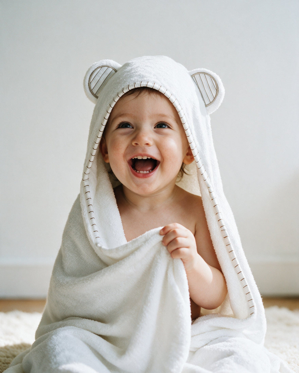 Toddler laughing in the white striped hooded towel