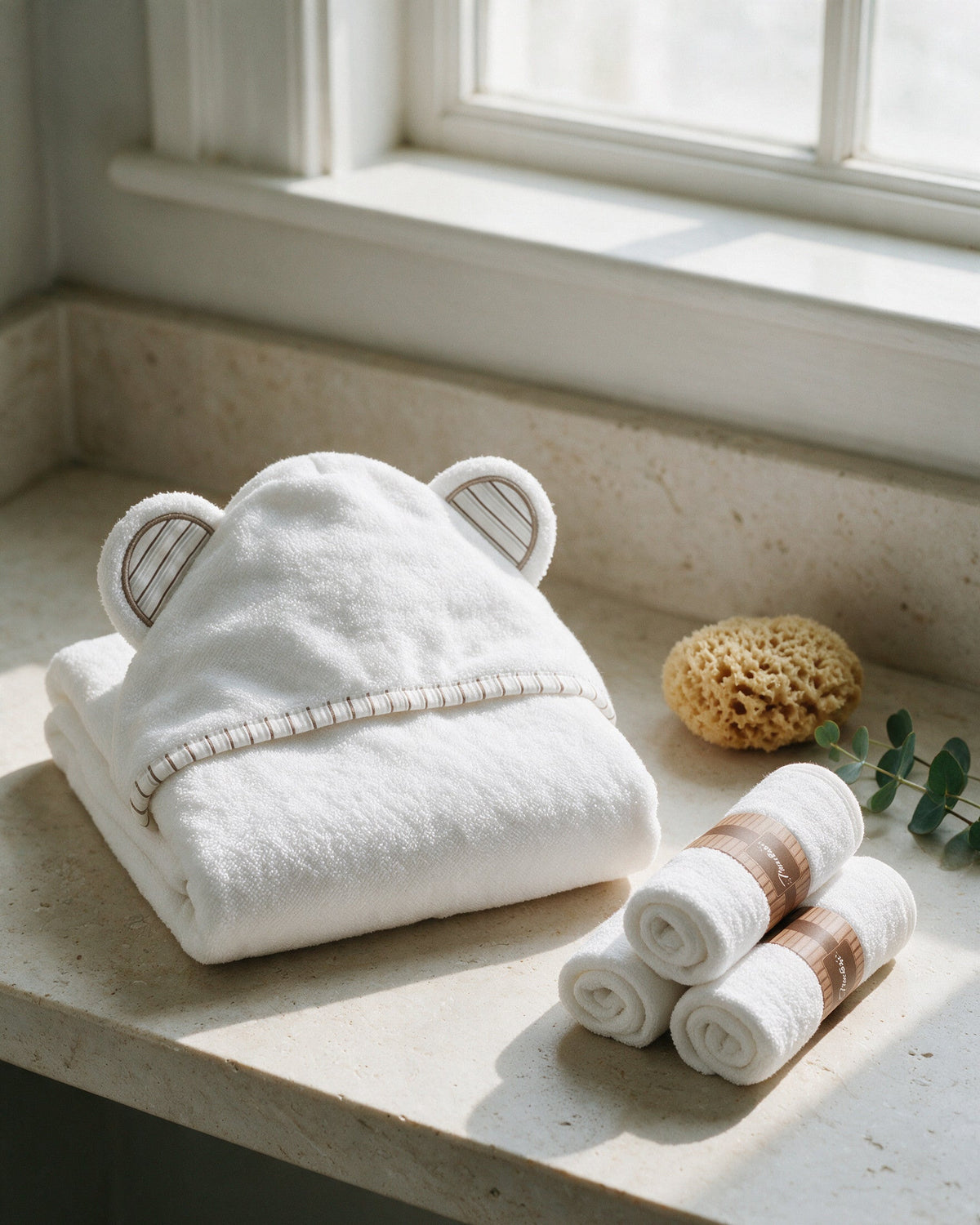 The Striped Cub towel folded with rolled washcloths
