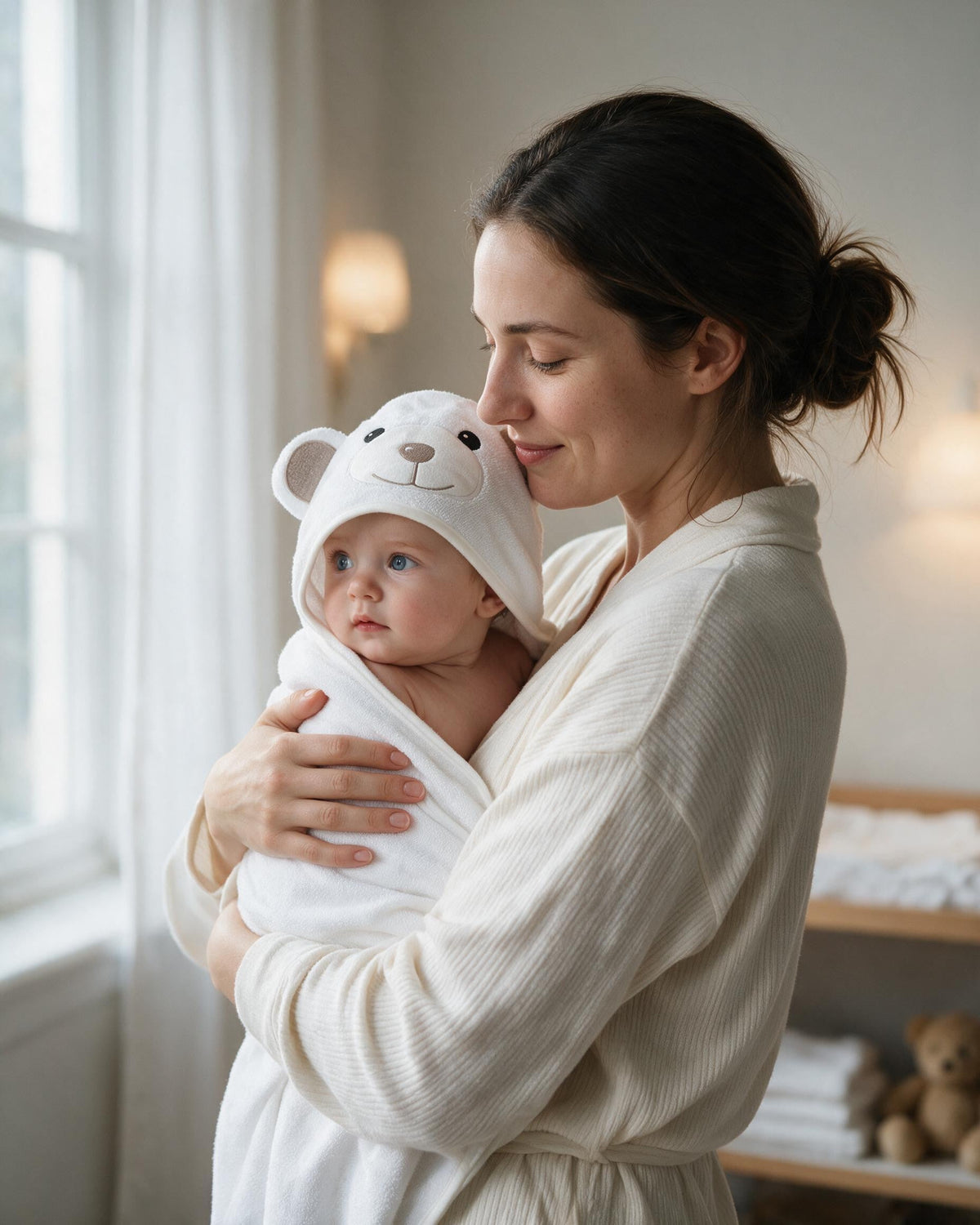 Mother holding her baby wrapped in The Bear hooded towel in a sunlit nursery