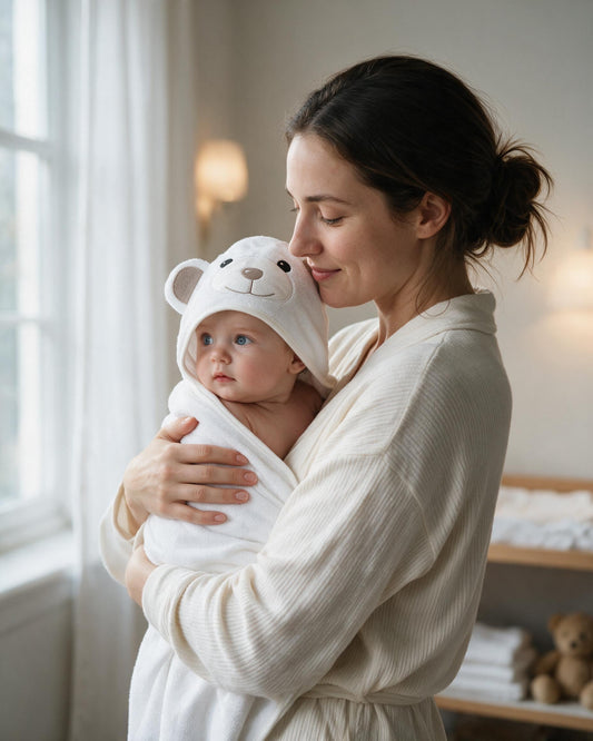 Mother holding her baby wrapped in The Bear hooded towel in a sunlit nursery