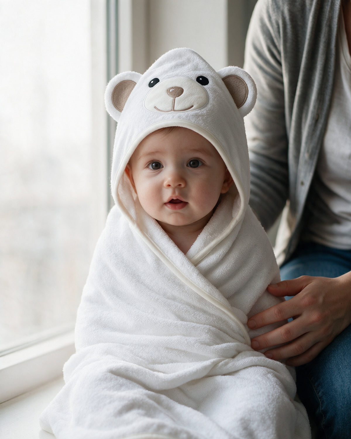 Baby wrapped in The Bear hooded towel on a parent's lap by the window
