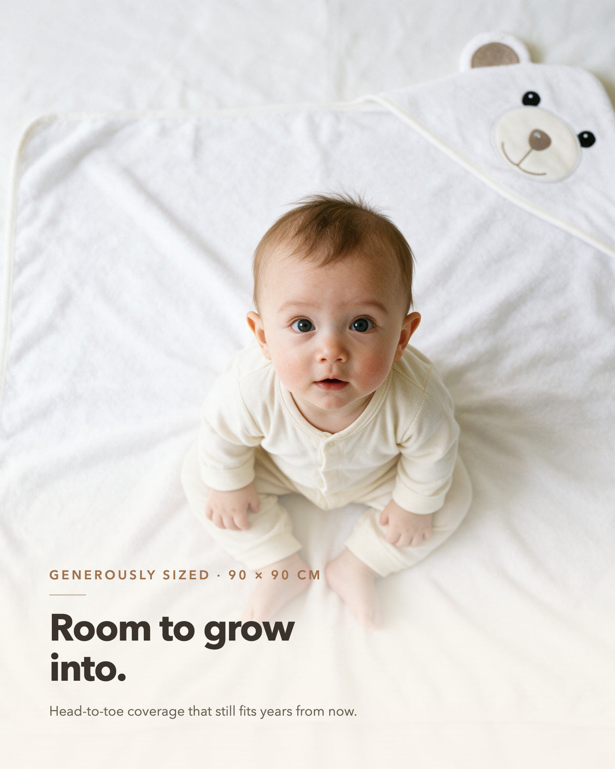 Room to grow into – The Bear hooded towel is 90 × 90 cm