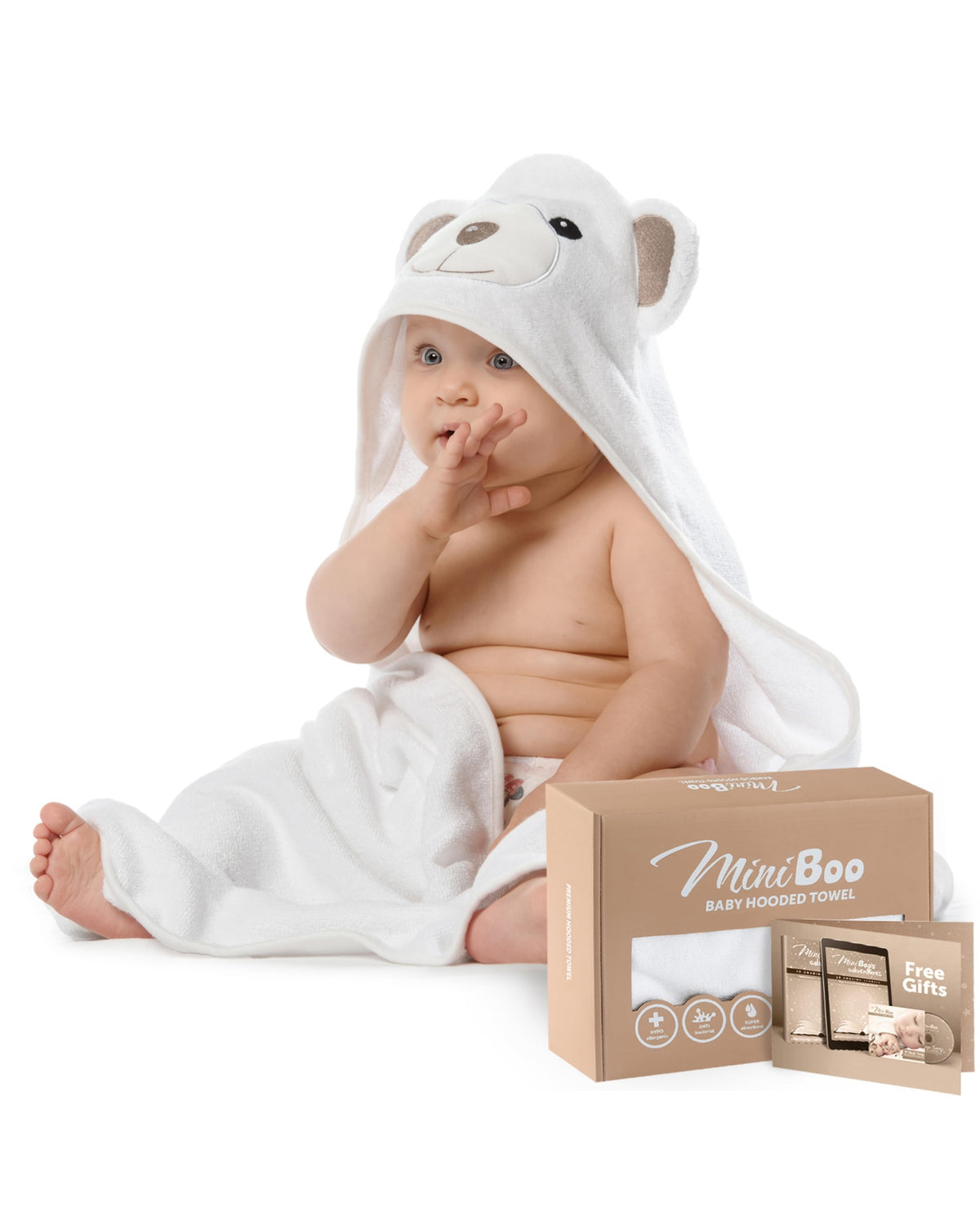 Baby in The Bear hooded towel with the MiniBoo gift box, on white