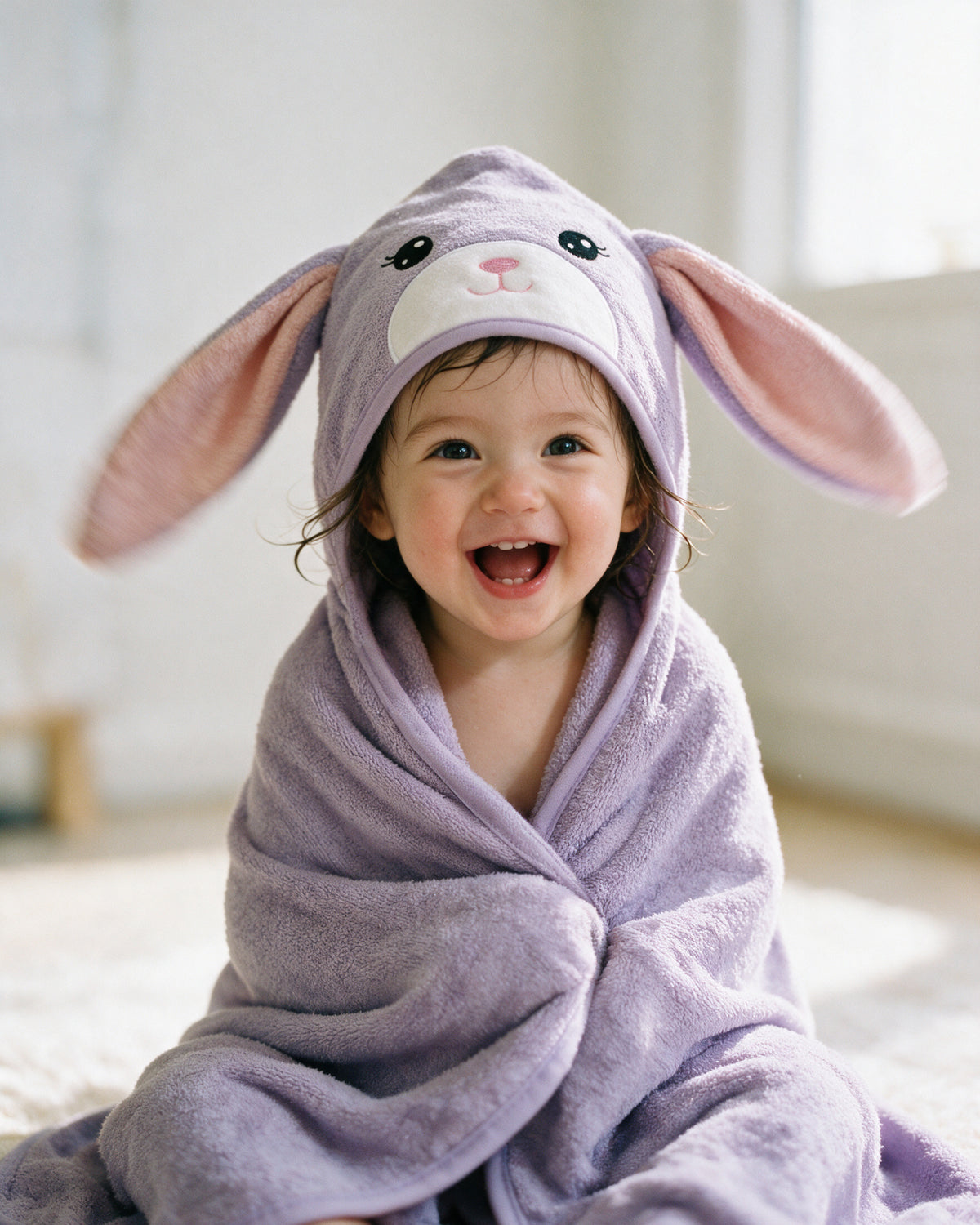 Laughing toddler in the lavender bunny hood
