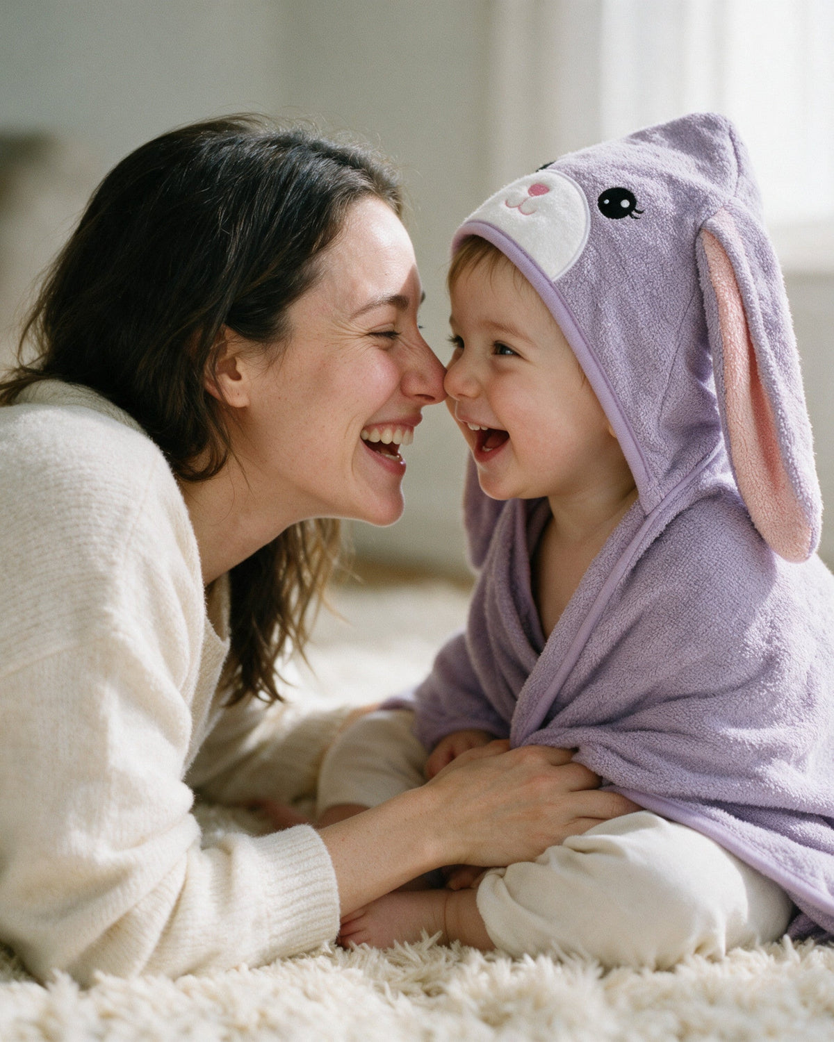 Mother and toddler nose to nose in The Bunny towel