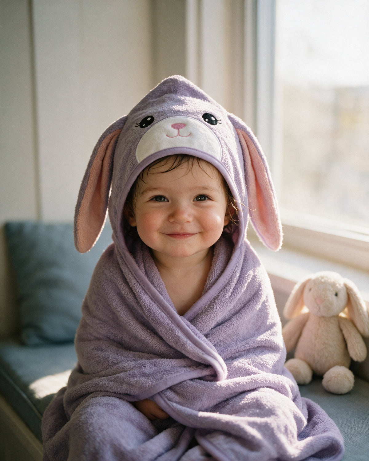 Toddler in The Bunny towel with a plush toy