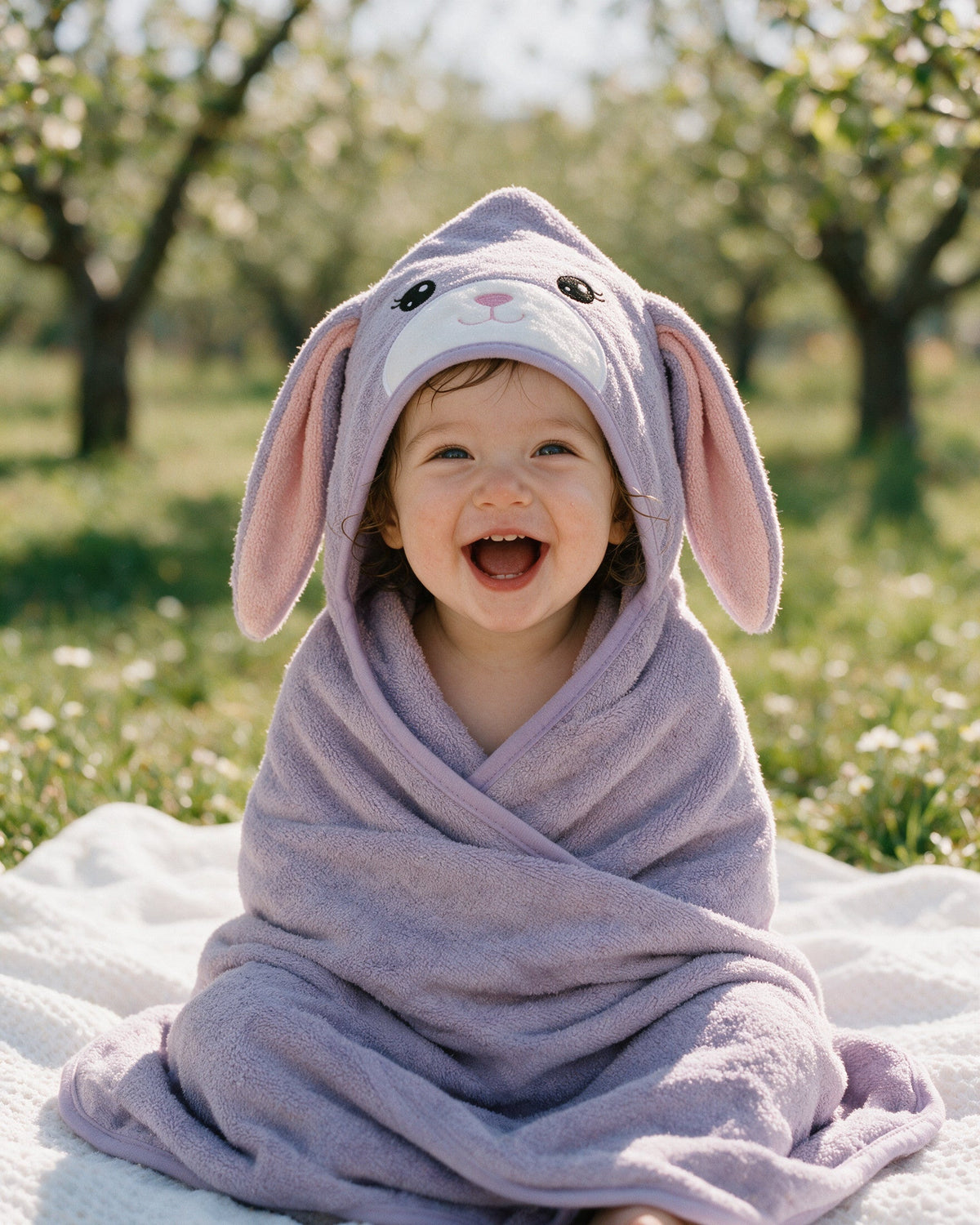 Toddler laughing in The Bunny towel on a picnic blanket outdoors