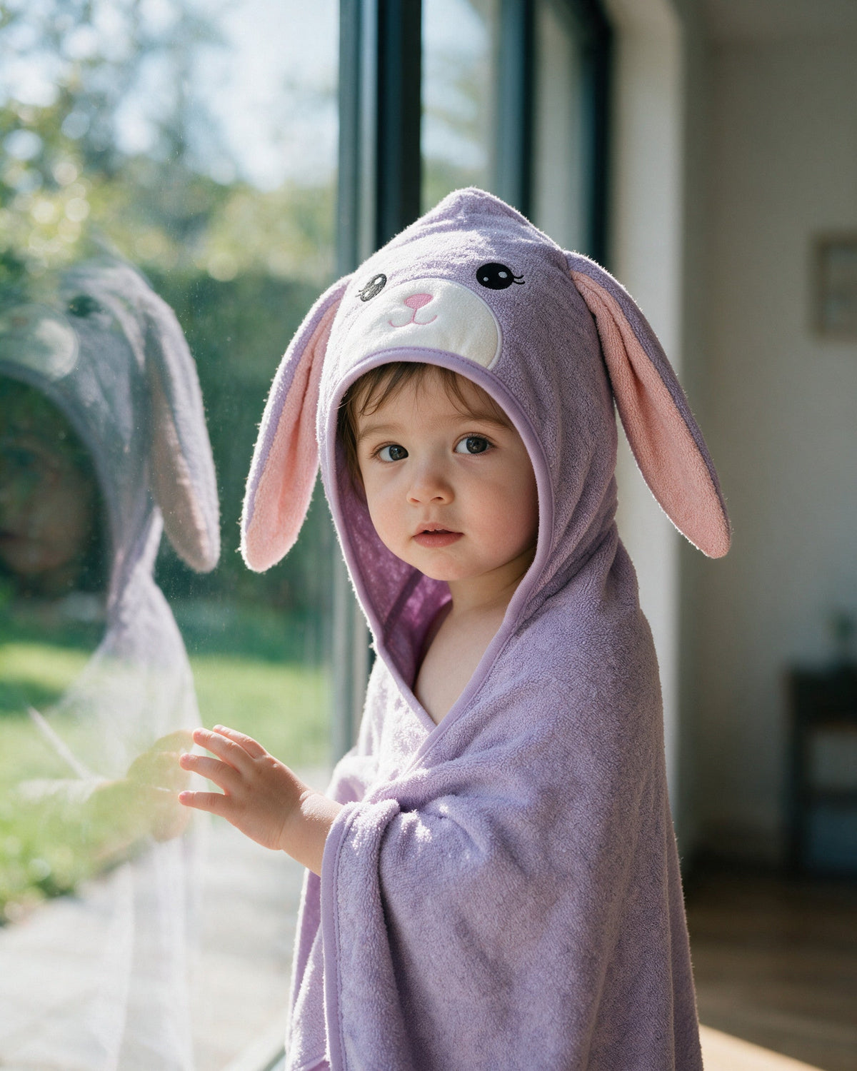 Toddler in The Bunny towel by a sunny window