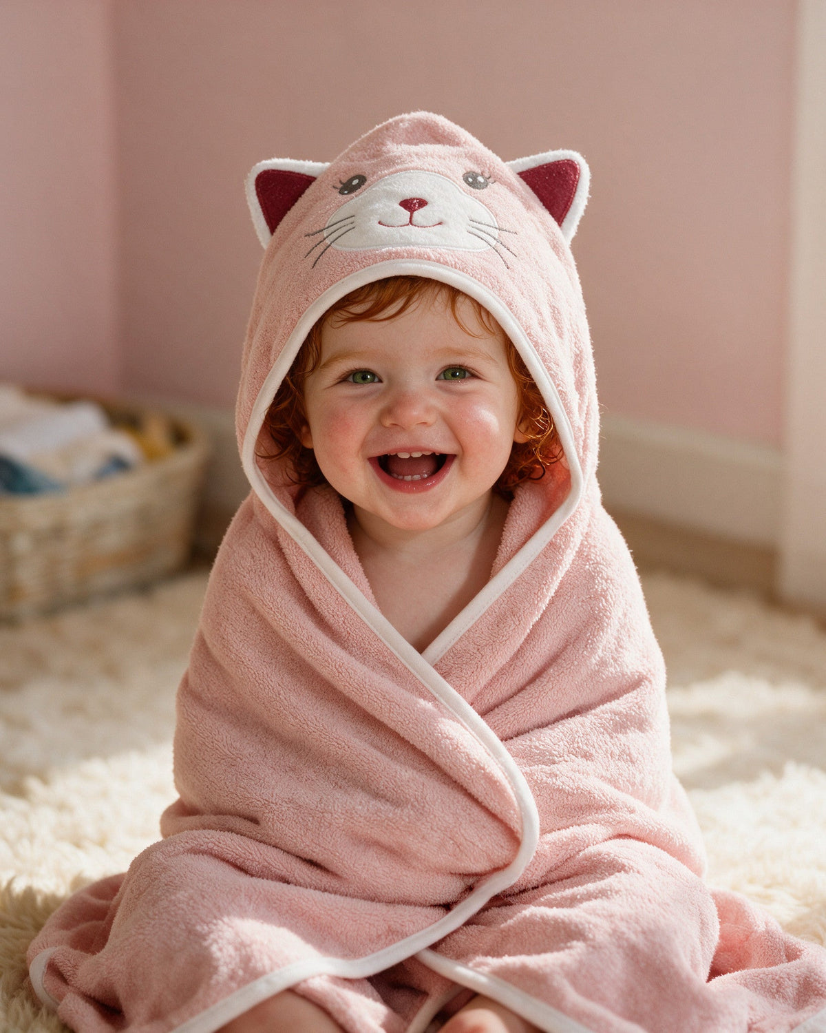 Toddler laughing in the pink cat hooded towel on a cream rug
