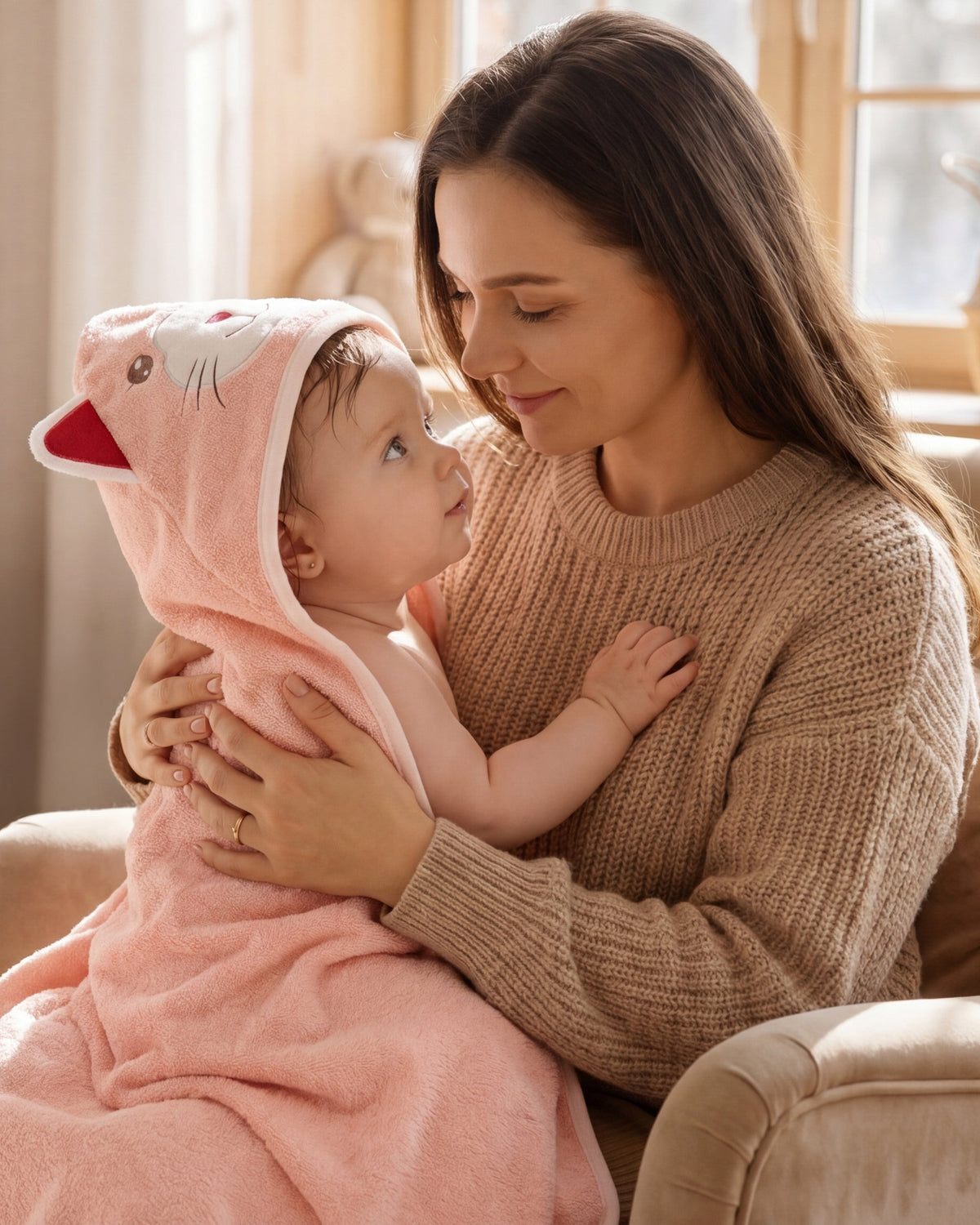 Mother holding her baby wrapped in the pink cat hooded towel in the nursery