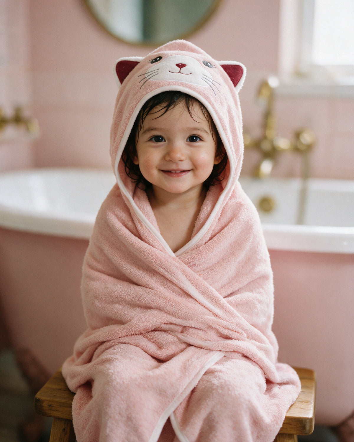 Toddler in the pink cat hooded towel after bath time