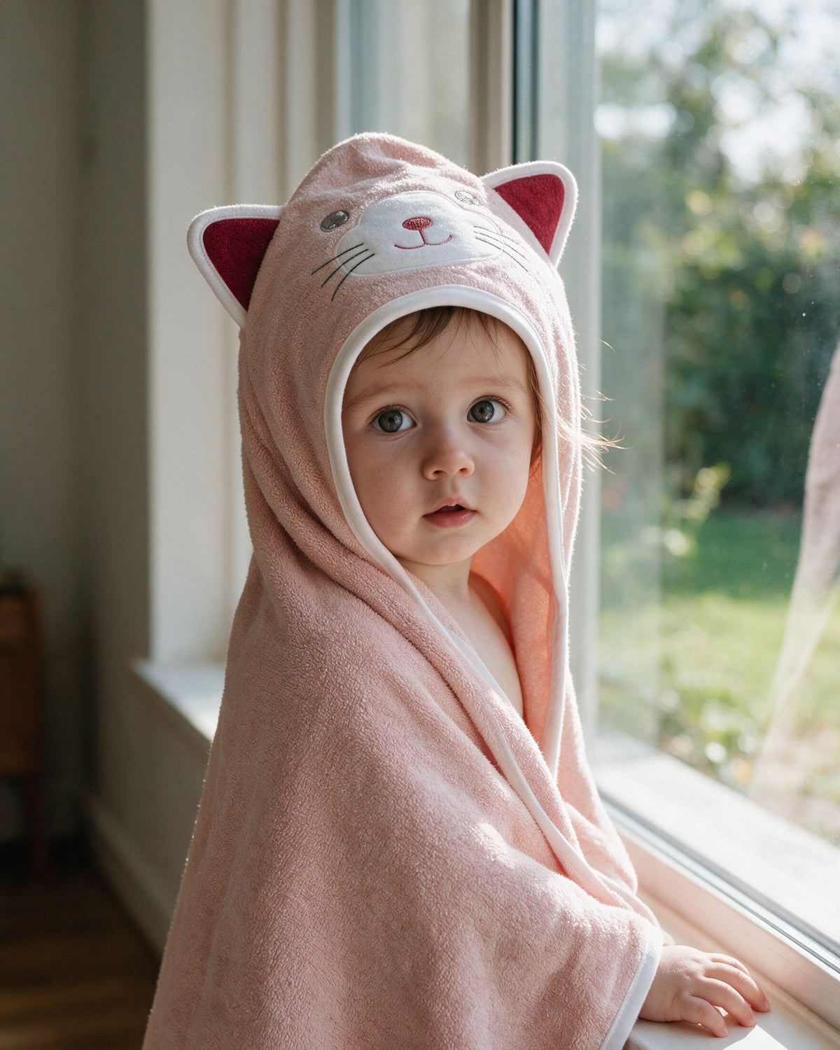 Little one wrapped in the pink cat hooded towel by a sunny window