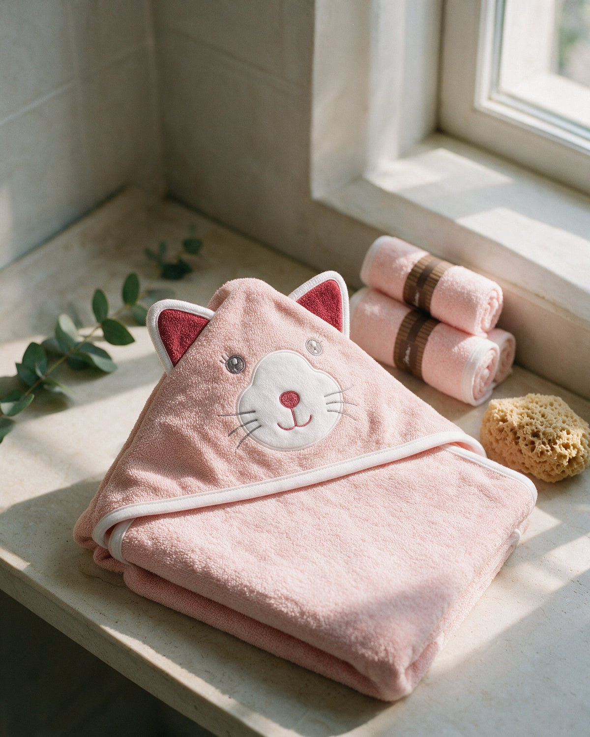 The pink cat hooded towel folded on a windowsill