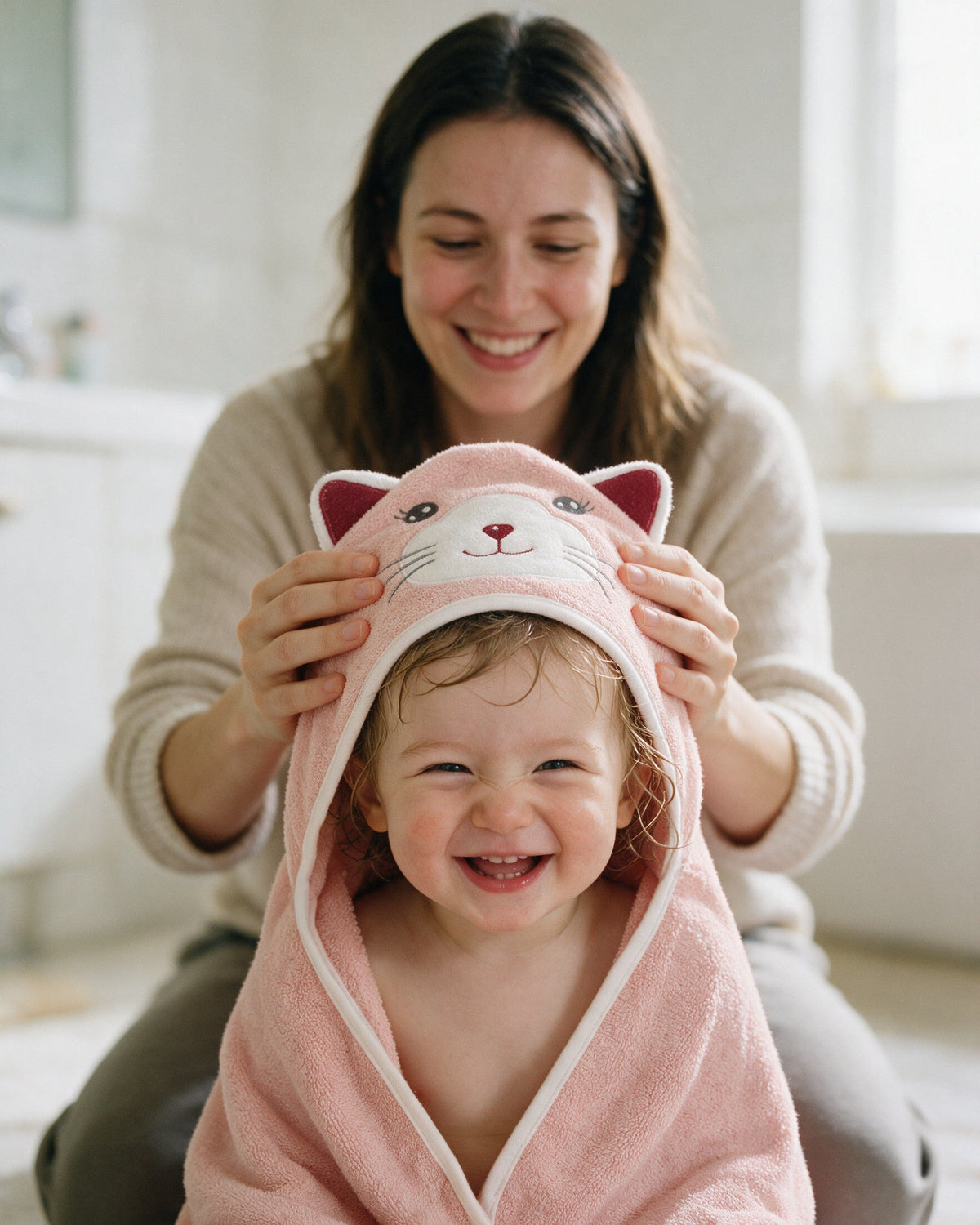 Mother adjusting the cat hood on her laughing toddler