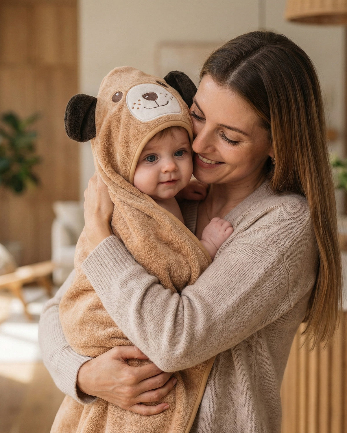 Mother hugging her little one in the dog hooded towel