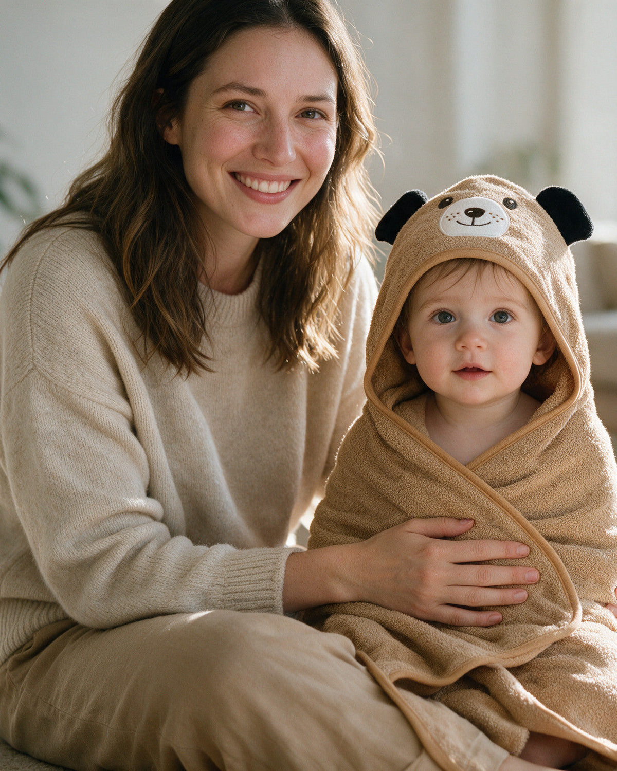 Smiling mother at home with her baby wrapped in The Dog hooded towel