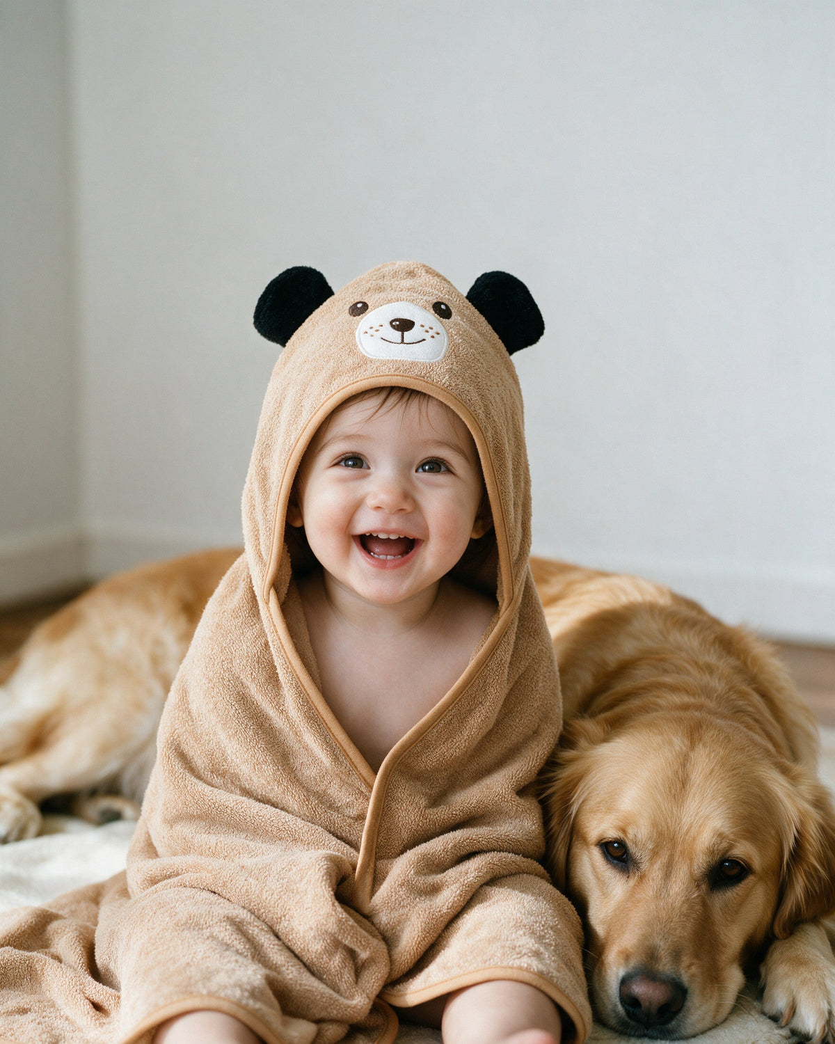 Toddler in the dog hooded towel next to a golden retriever