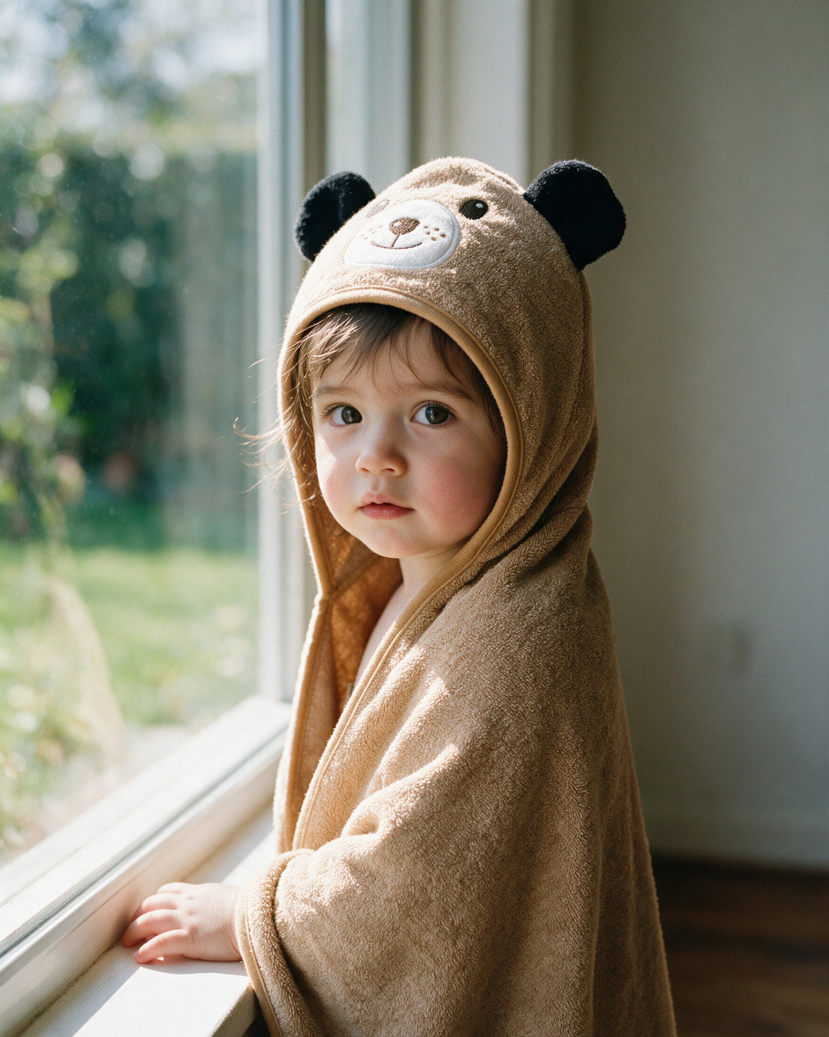 Toddler by the window wrapped in The Dog hooded towel