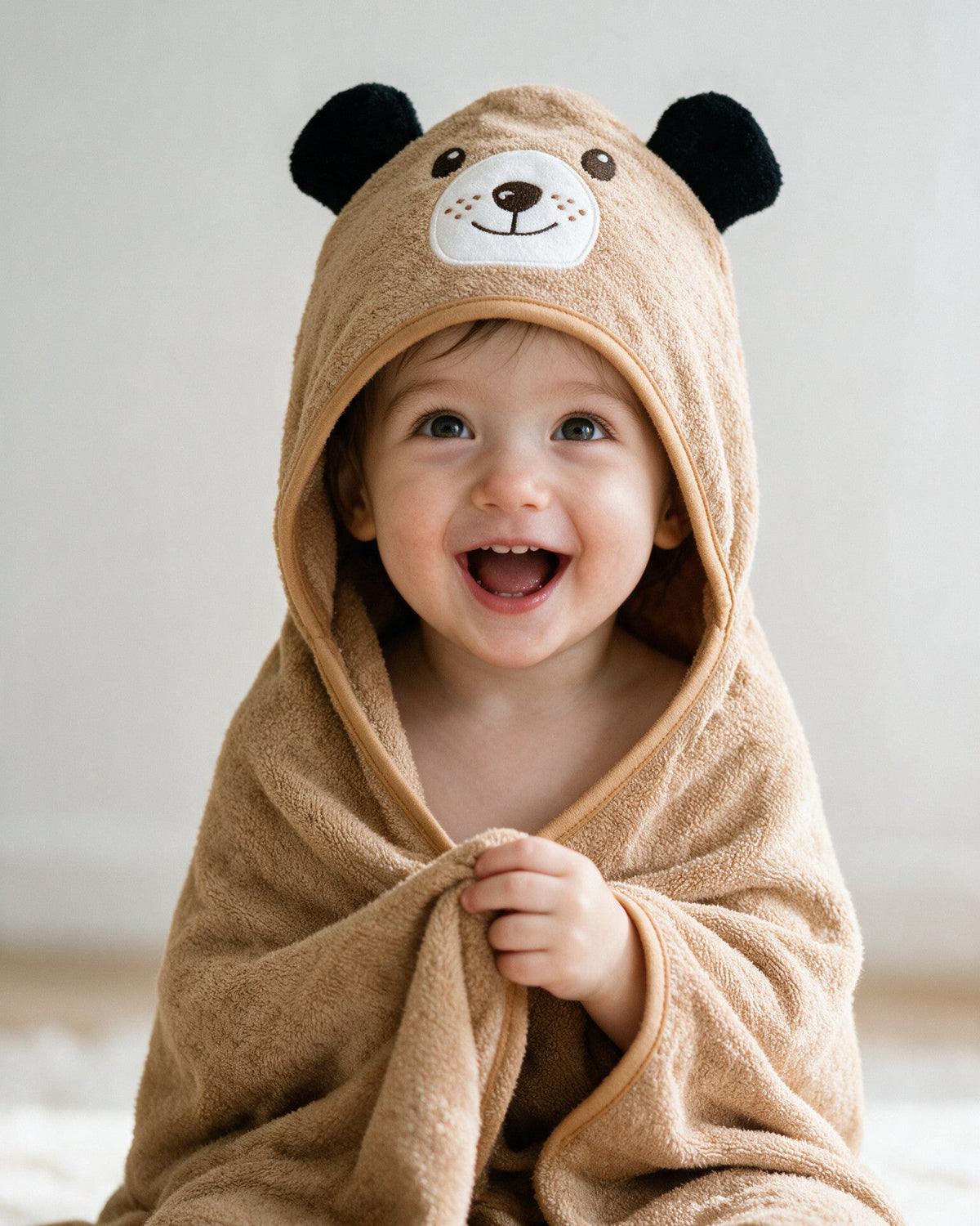Smiling toddler in The Dog hooded towel