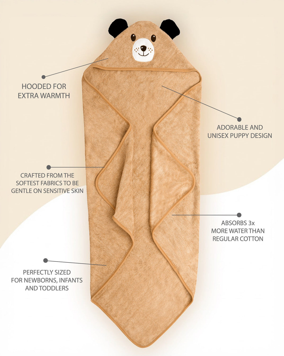 The Dog towel details – hood, puppy design, soft fabric and size