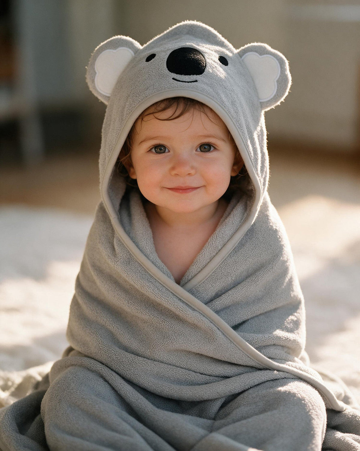 Toddler sitting wrapped in The Koala hooded towel