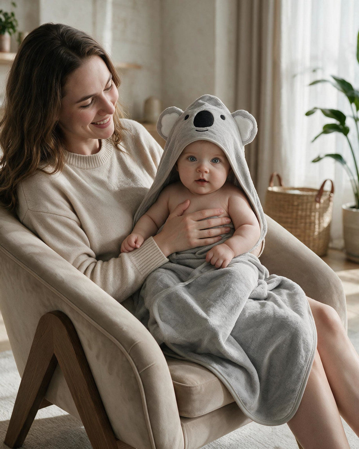 Mother holding her baby in The Koala hooded towel