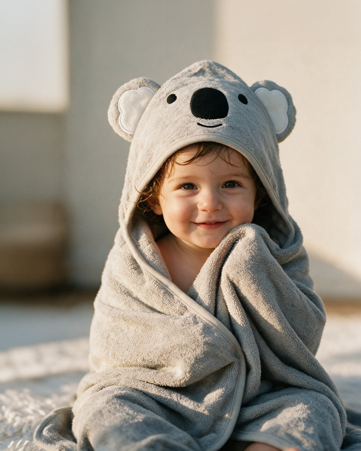 Toddler wrapped in The Koala hooded towel in warm light