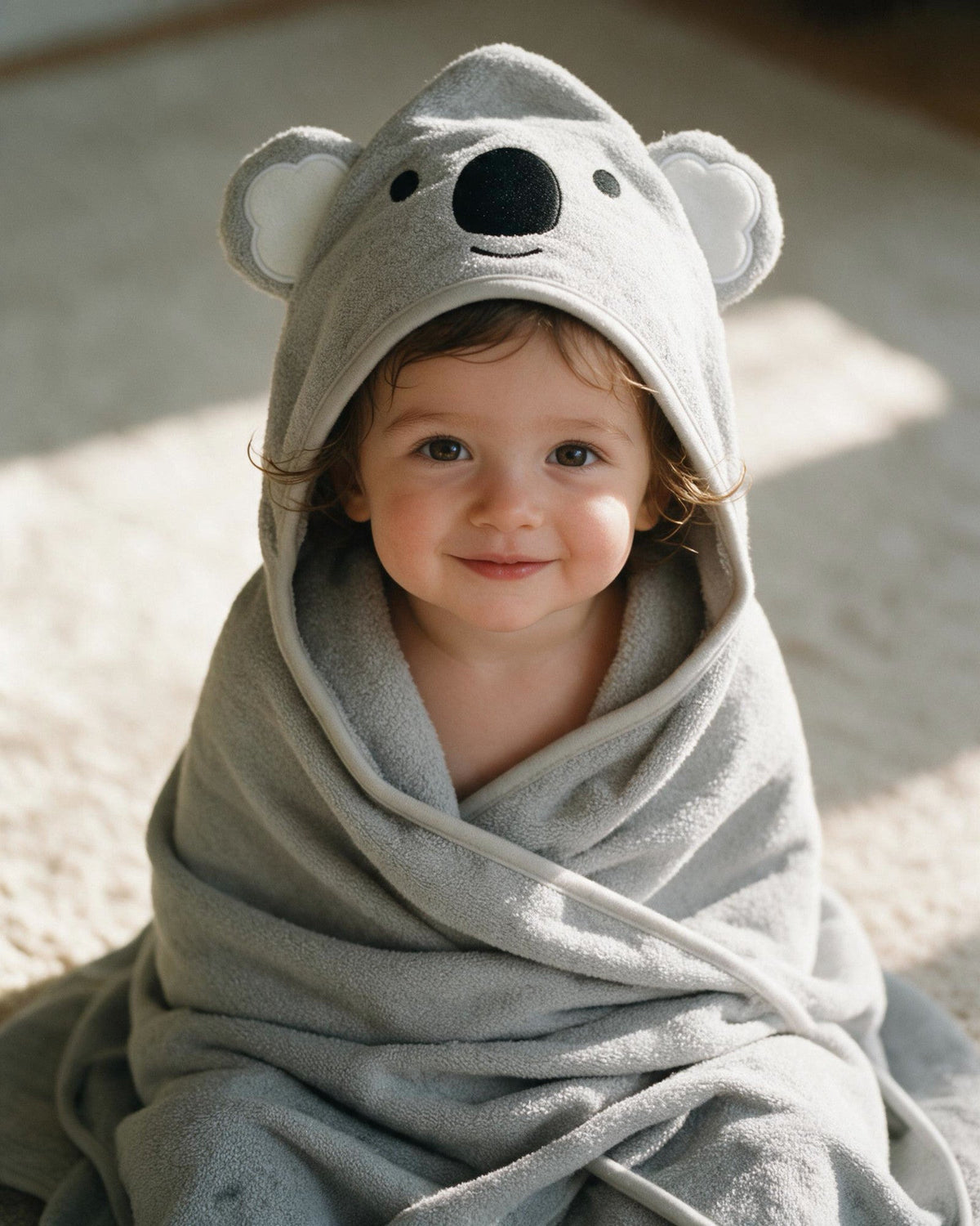 Toddler sitting wrapped in The Koala towel after bath time