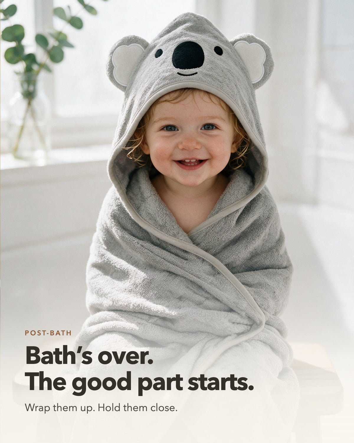 Bath's over, the good part starts – toddler in The Koala towel