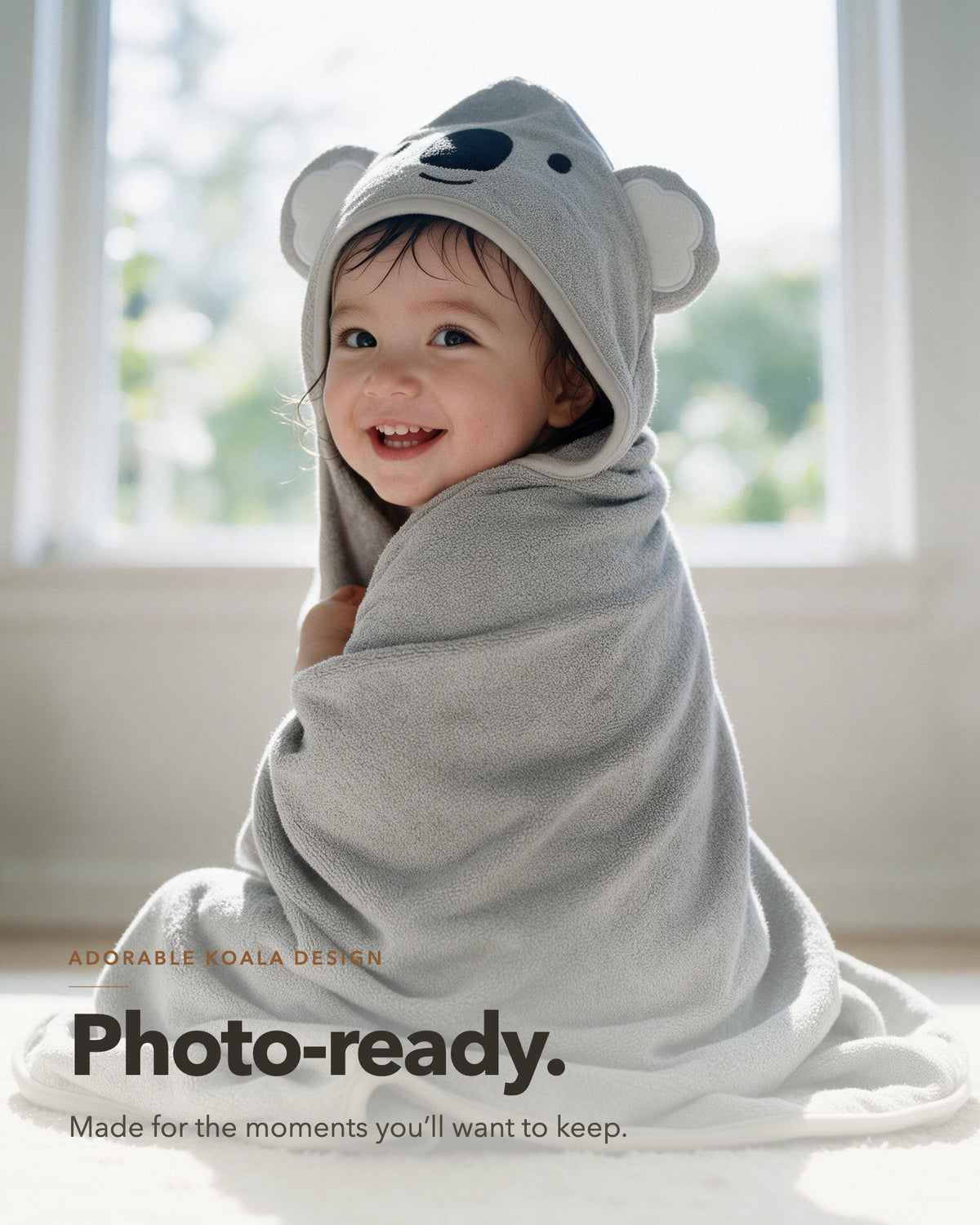 Photo-ready – toddler in The Koala hooded towel