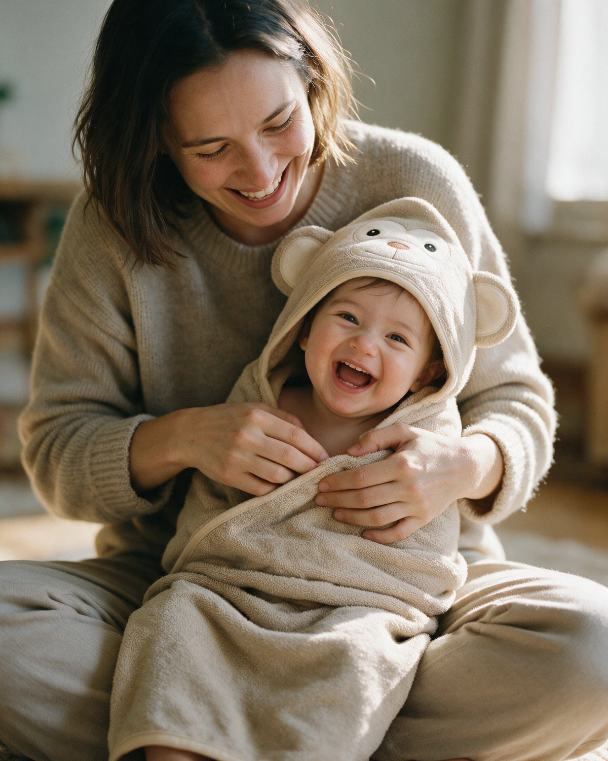 Mutter lacht mit ihrem Baby im Handtuch The Monkey