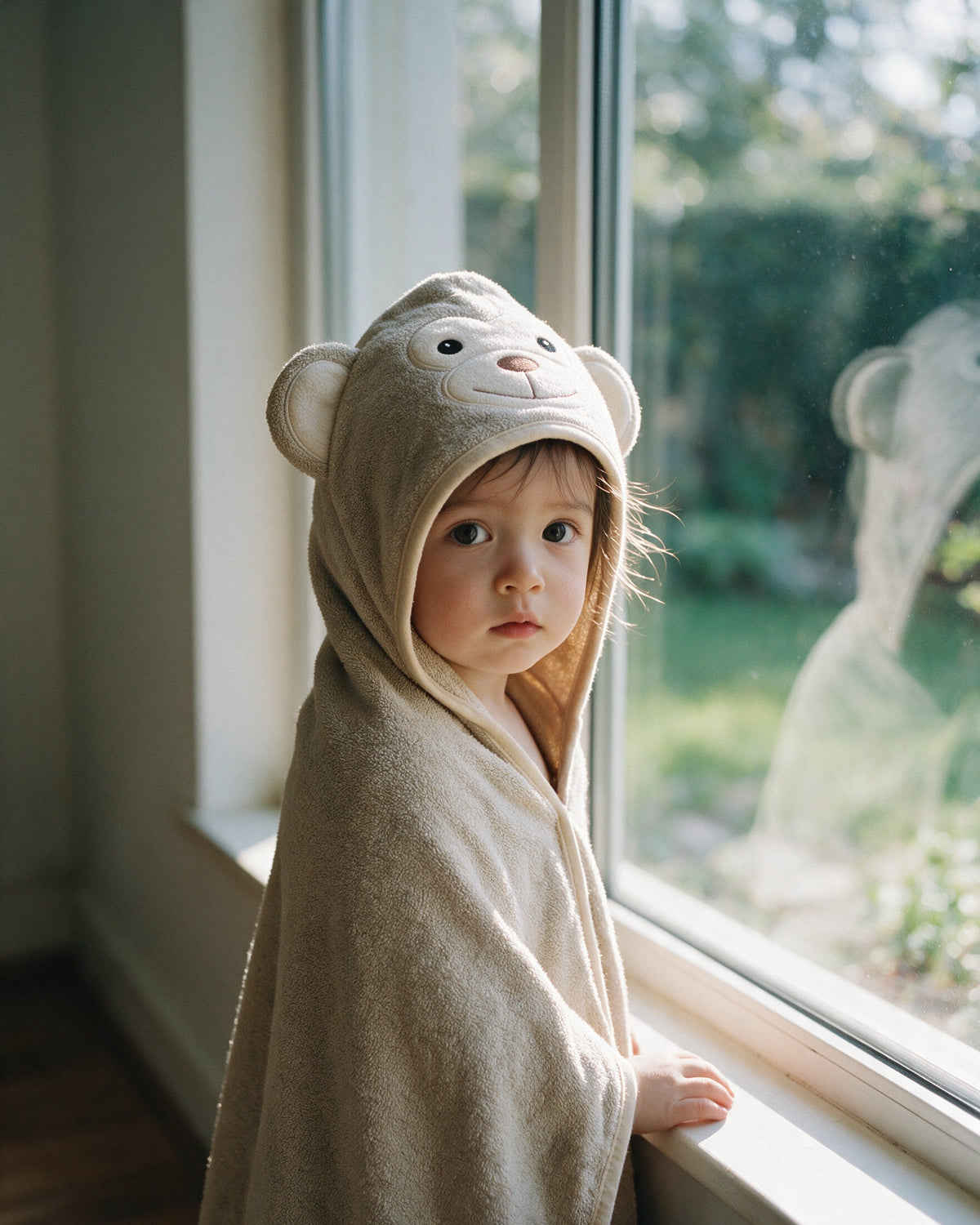 Kleinkind im Handtuch The Monkey am Fenster