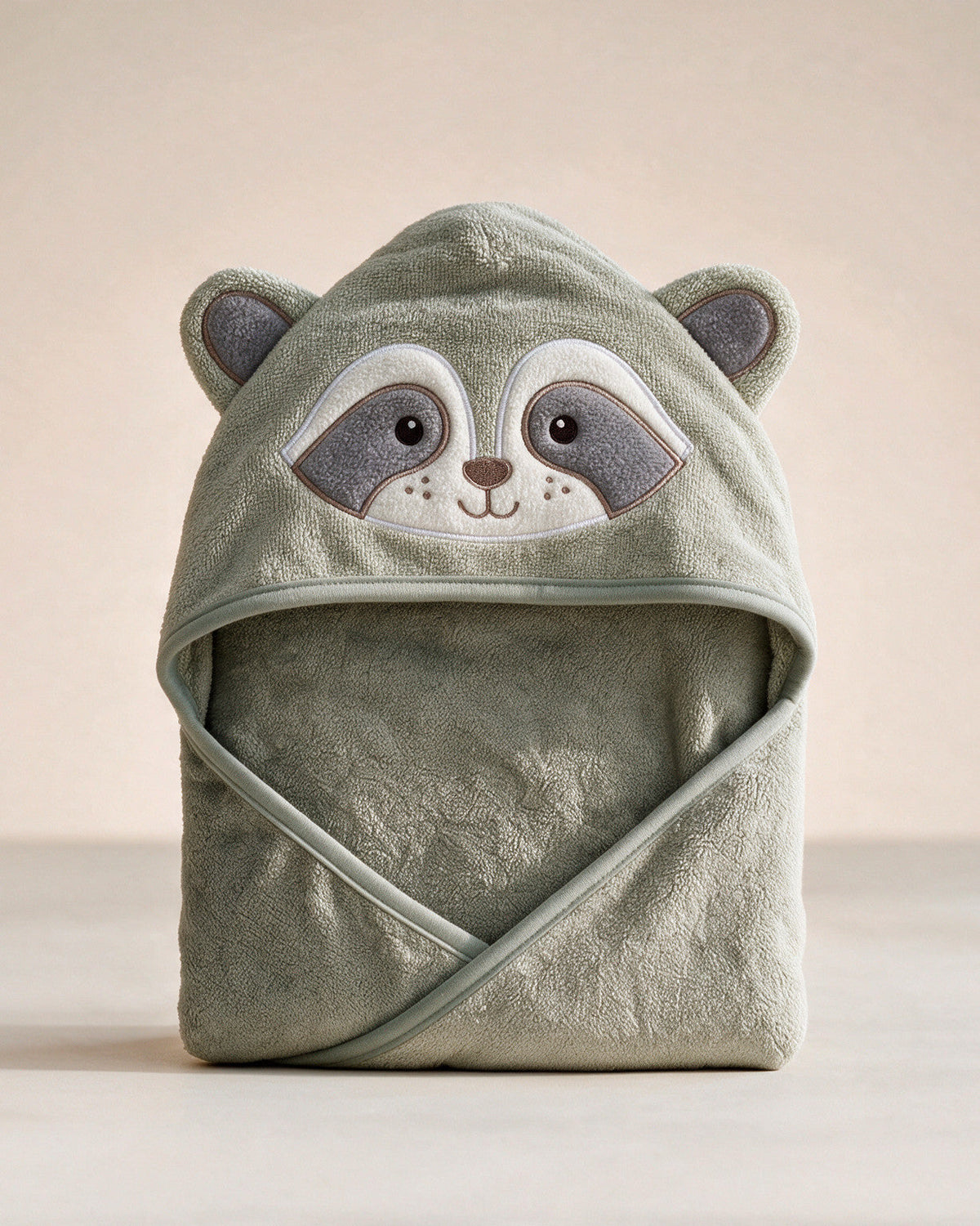 The Raccoon hooded baby towel in sage green, on a cream background