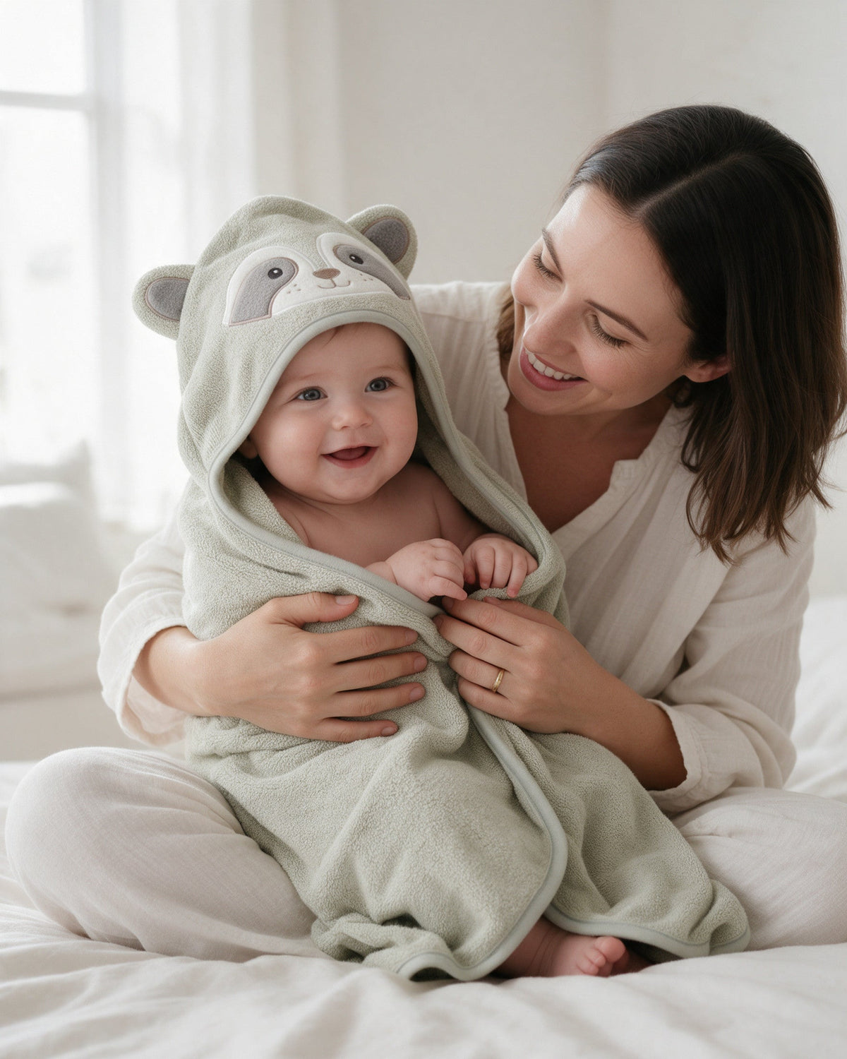 Mother and baby laughing, wrapped in The Raccoon towel
