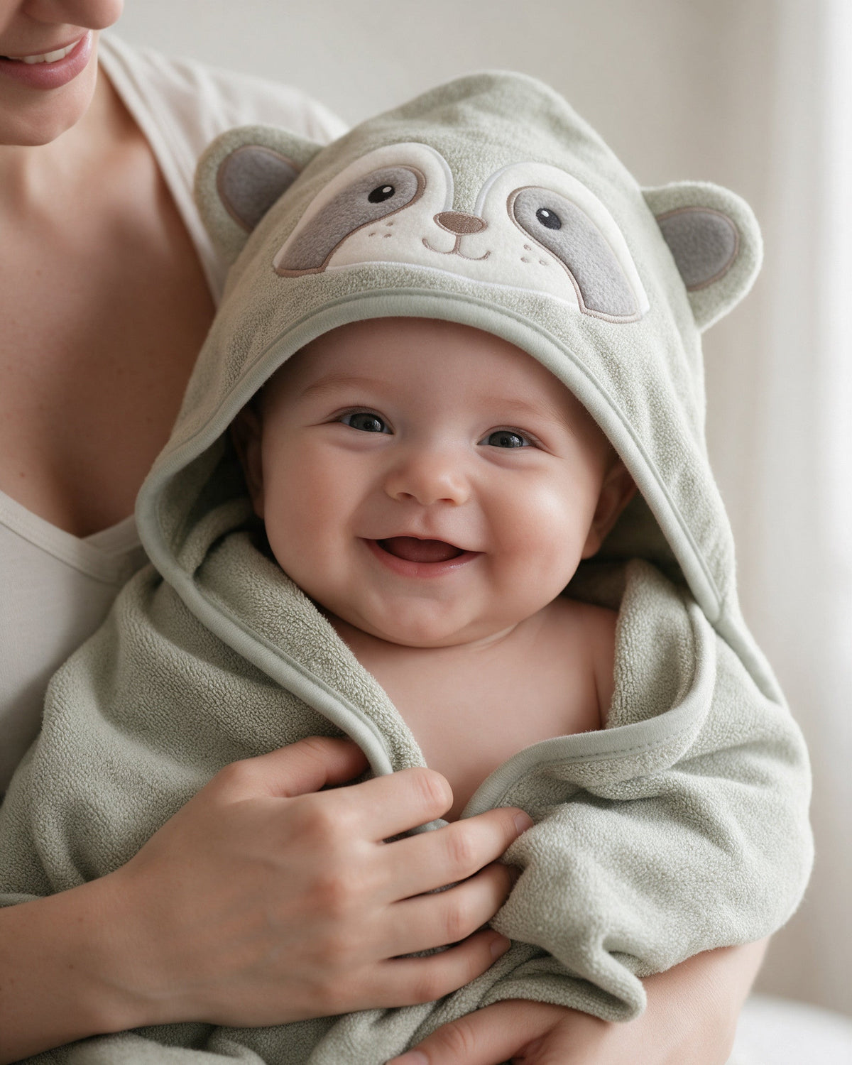 Close-up of a smiling baby in the sage raccoon hood