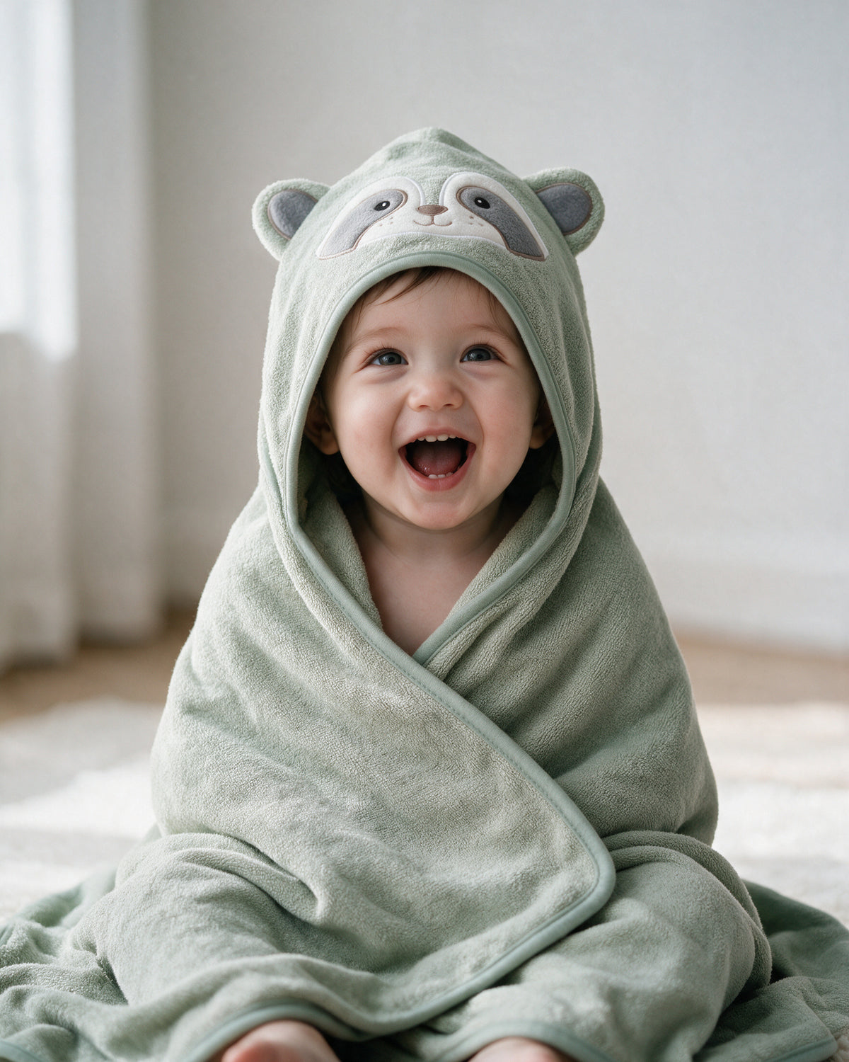 Laughing baby wrapped head to toe in The Raccoon hooded towel