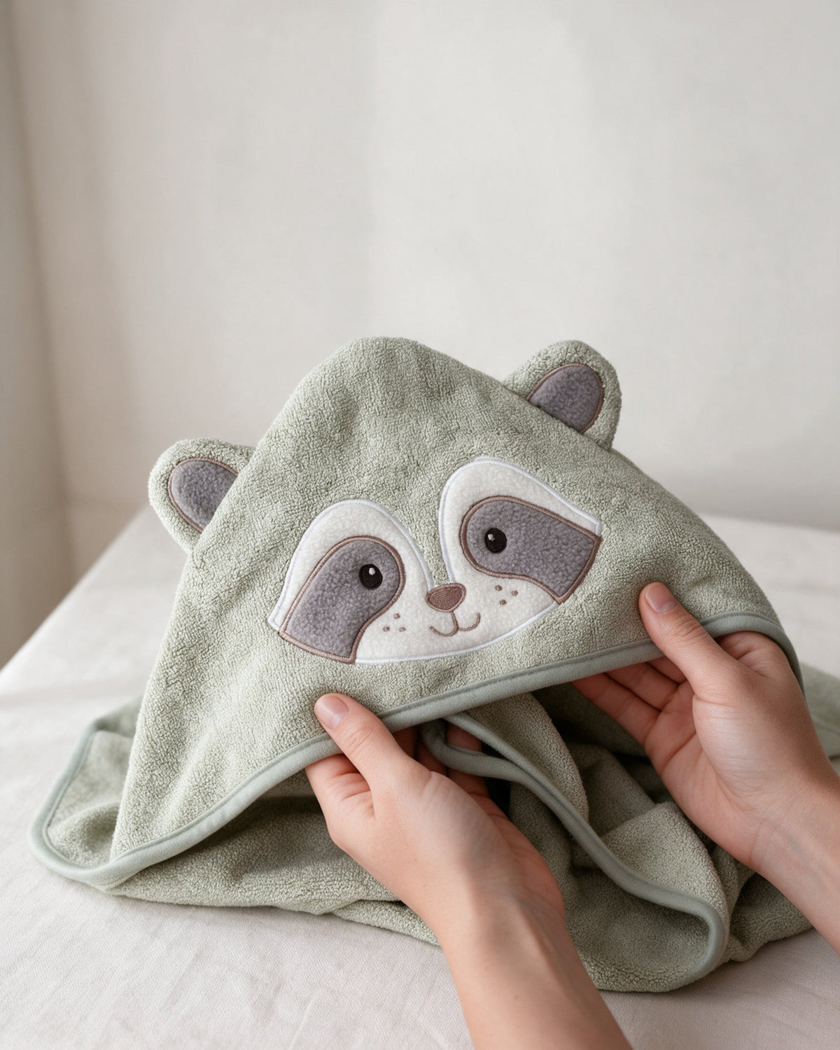 Hands smoothing the raccoon hood