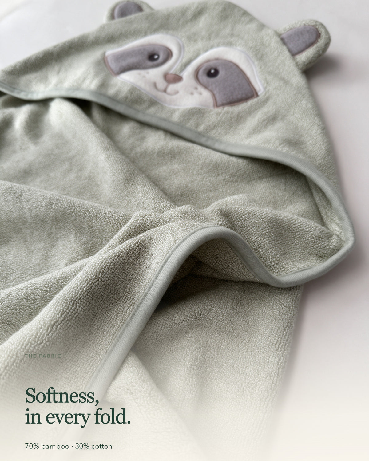 Softness in every fold – The Raccoon towel in soft sage terry, 70% bamboo and 30% cotton