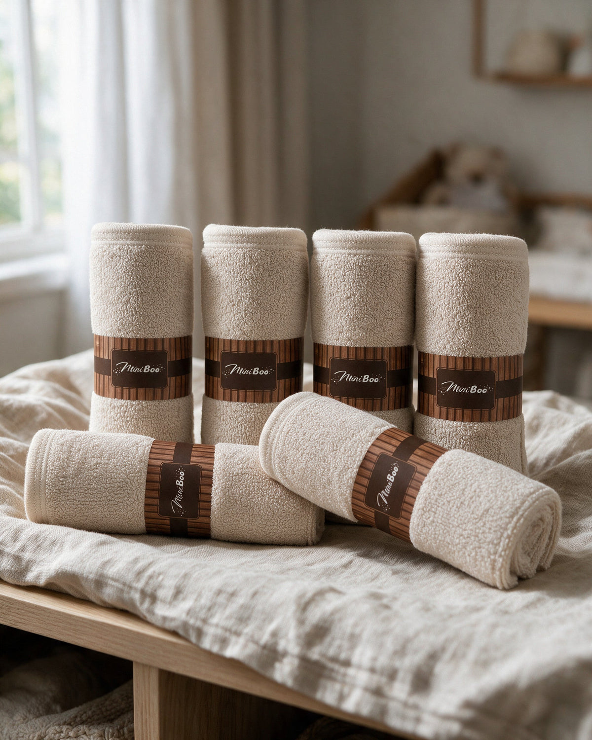 Cream bamboo washcloths rolled on a linen-covered table