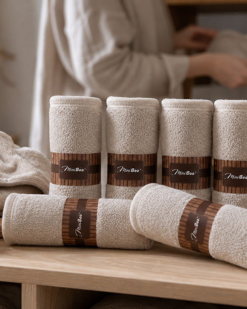 Cream washcloths on a linen shelf