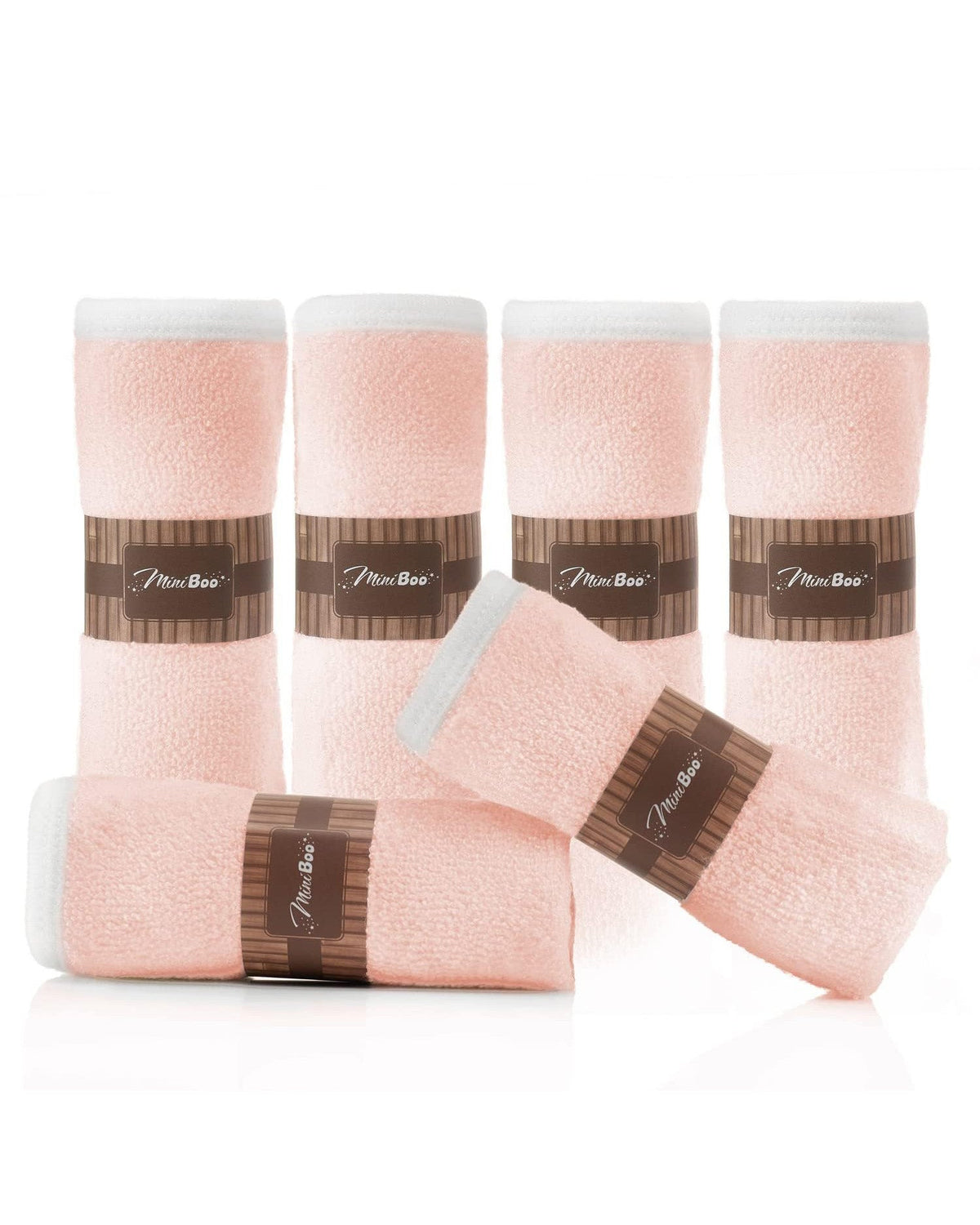 Set of six pink washcloths with MiniBoo kraft bands