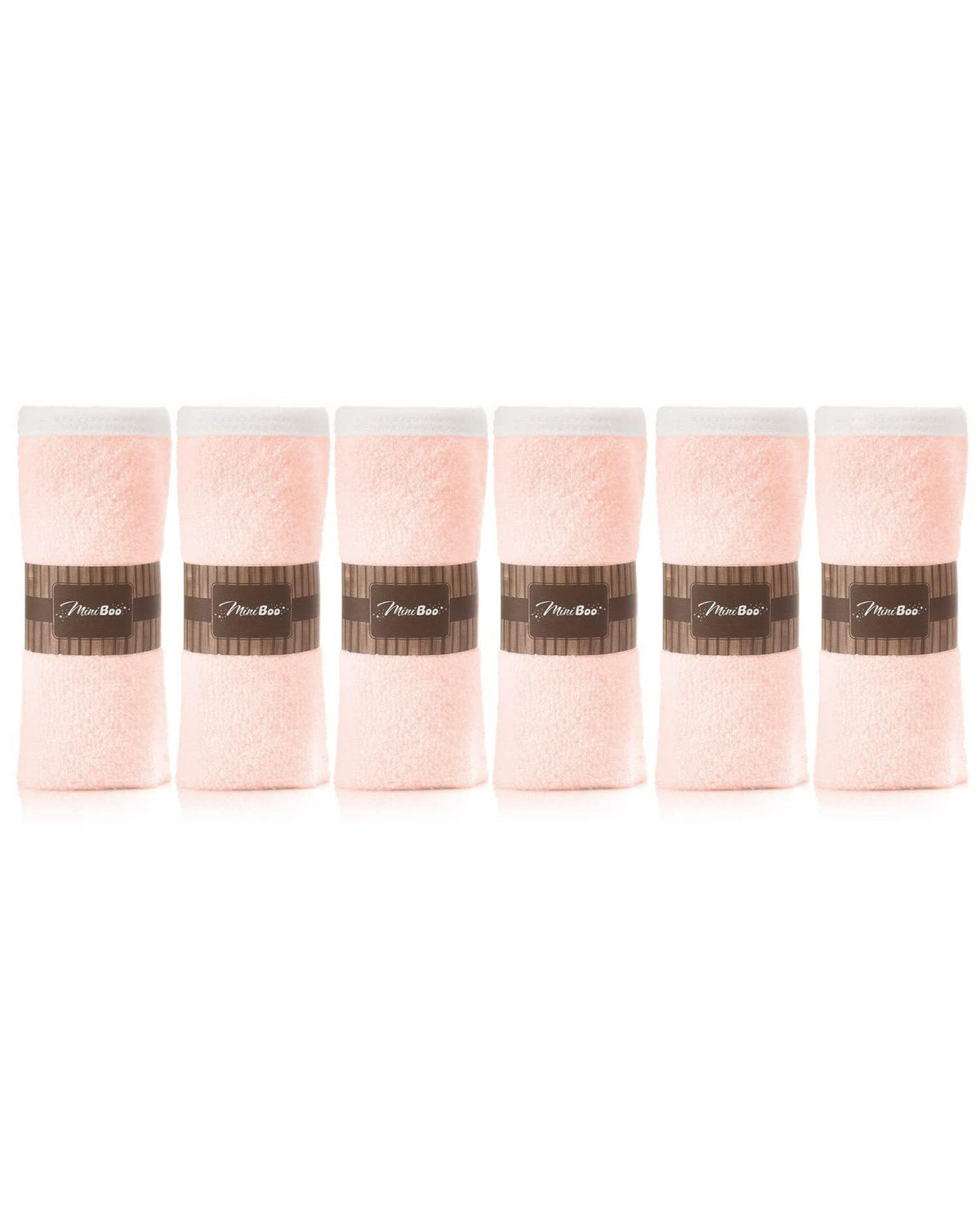 Six pink washcloths in a row